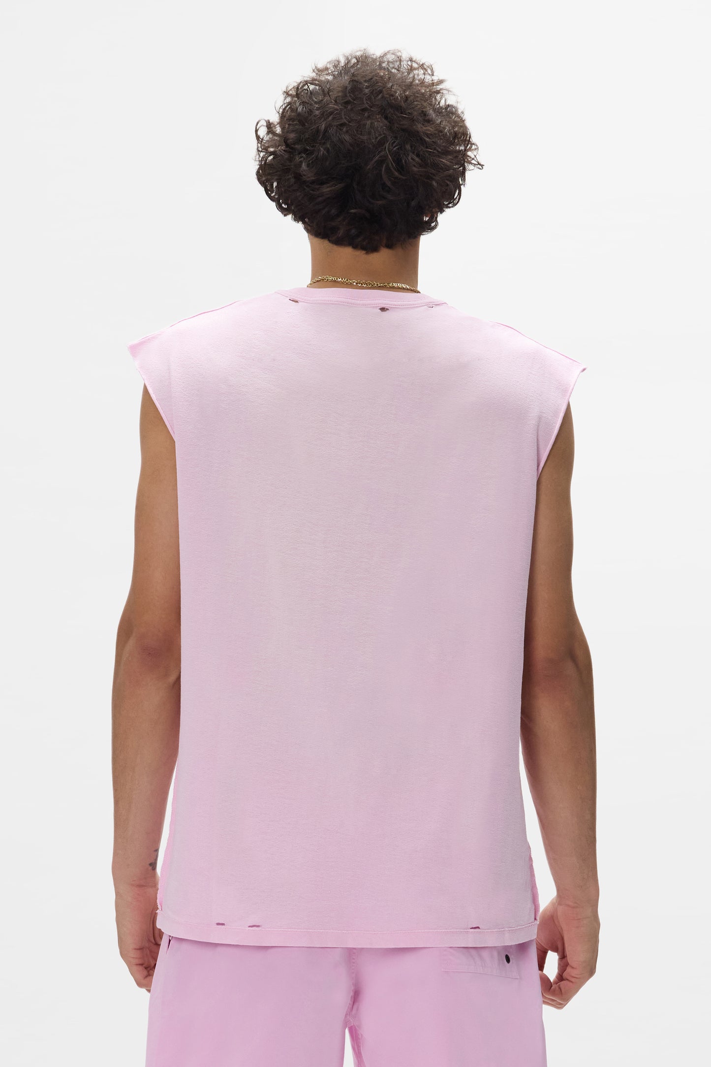Slab Wordmark Tank Top in pink with faded wash and crackle print, available in multiple sizes.