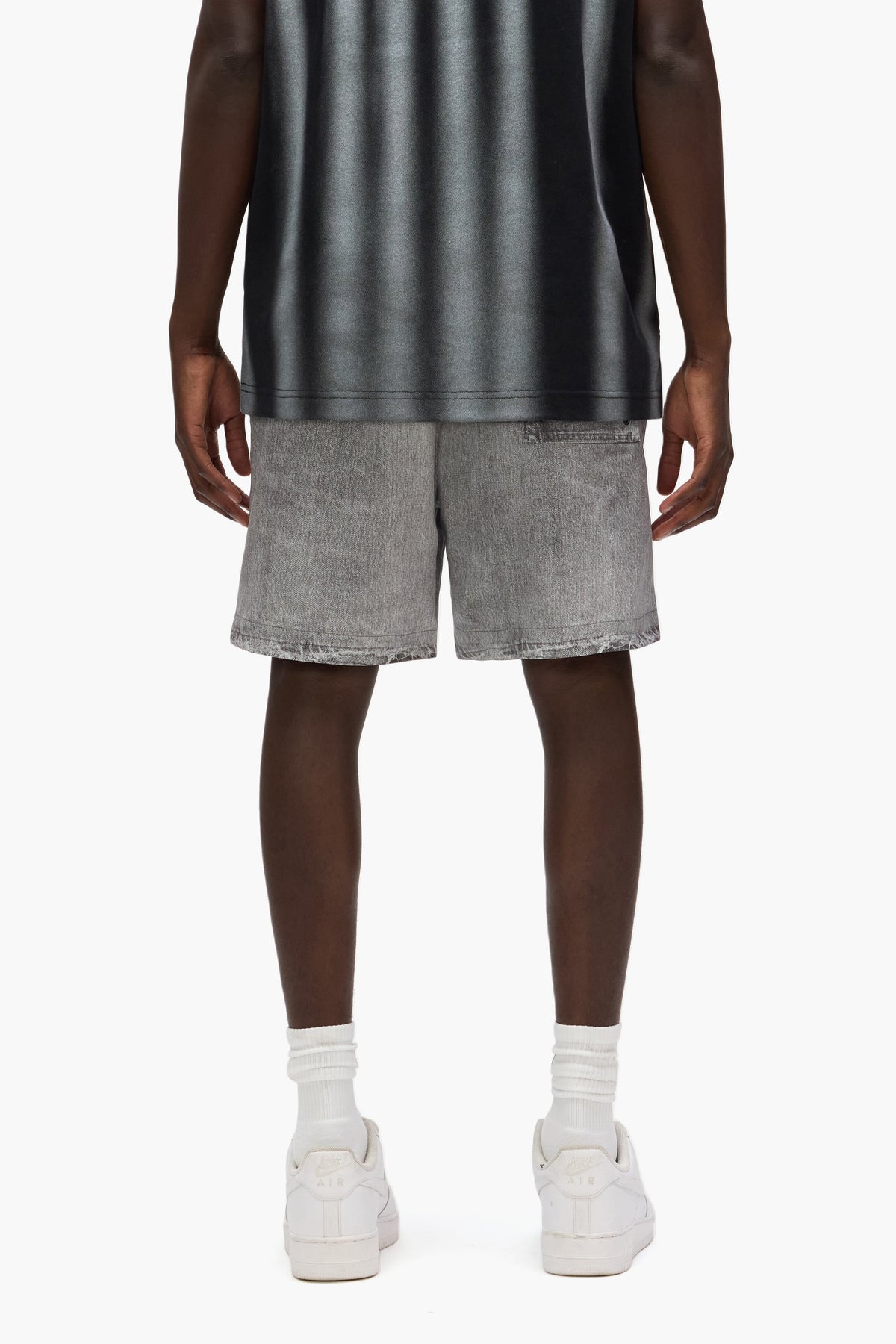 Faux Denim Wordmark All Around Shorts in grey with Purple Brand lettering and elastic waistband