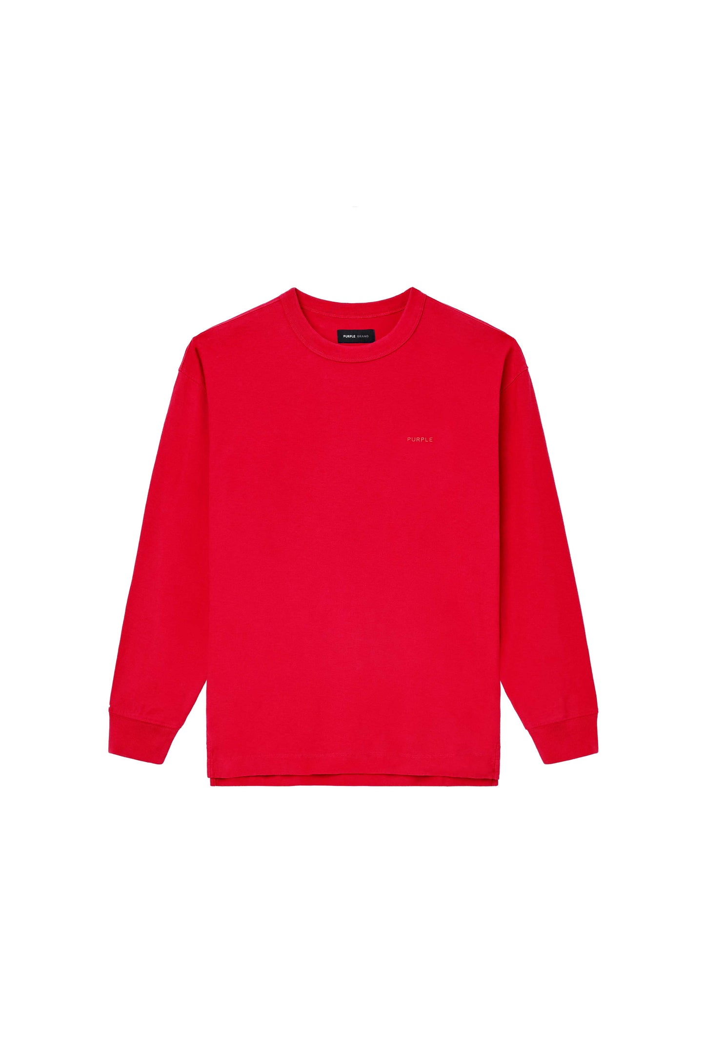 Basic Long Sleeve Tee in red, 100% cotton, regular fit, textured jersey knit, available in multiple sizes.