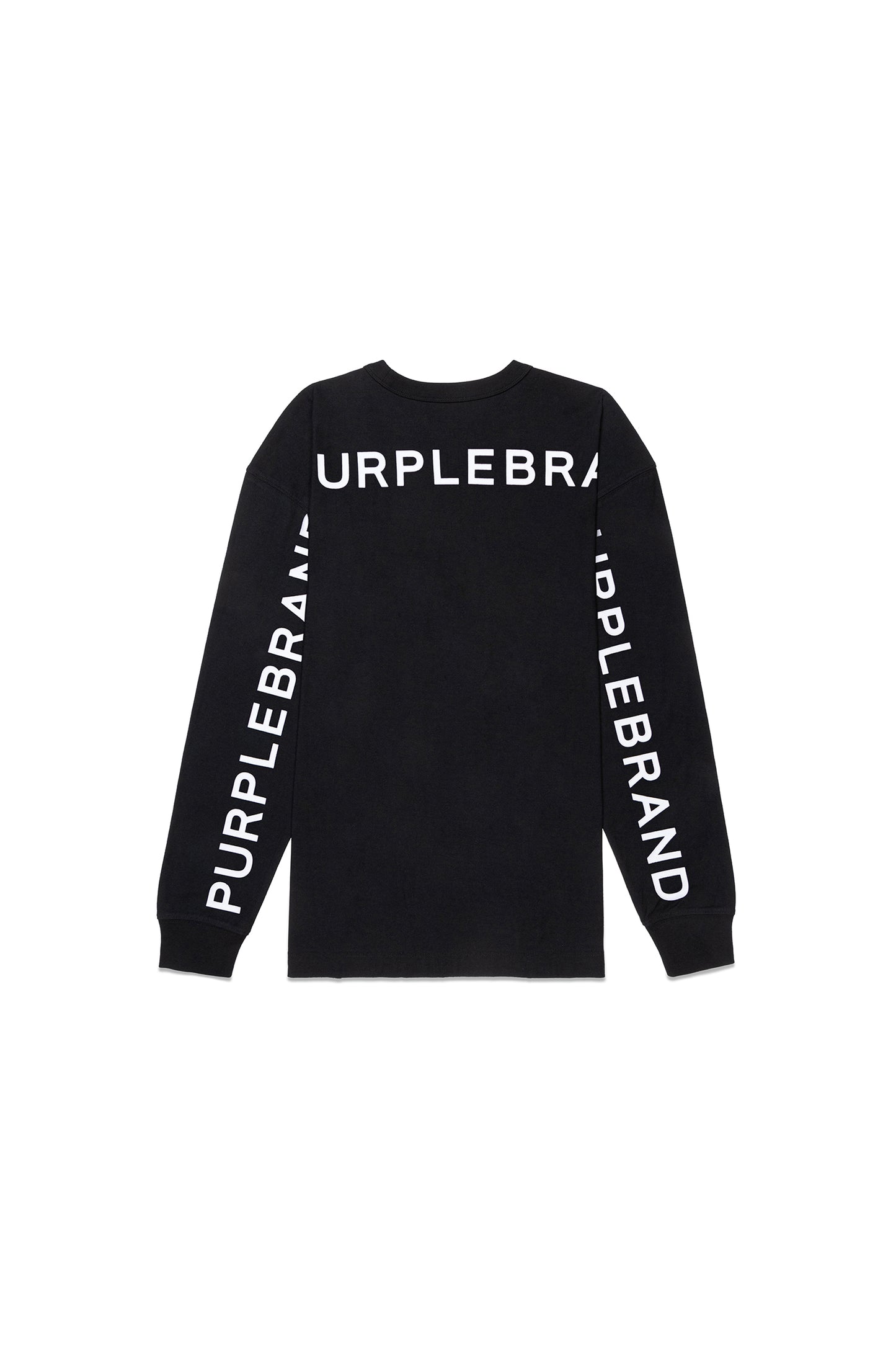Wordmark Repeat Long Sleeve T-Shirt in black with Purple Brand logo lettering on the chest