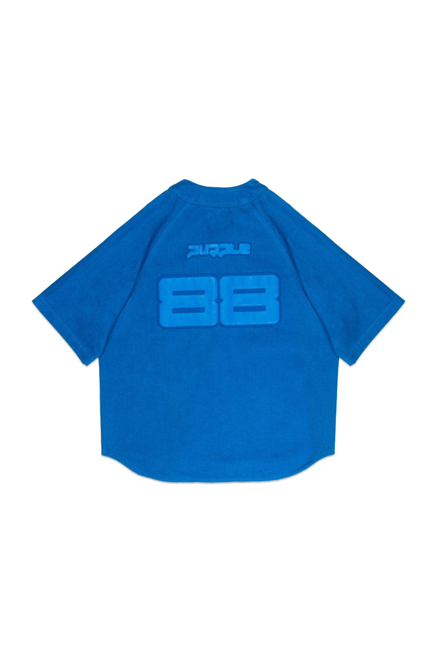 Baseball shirt with short sleeves and purple logo lettering across the chest.