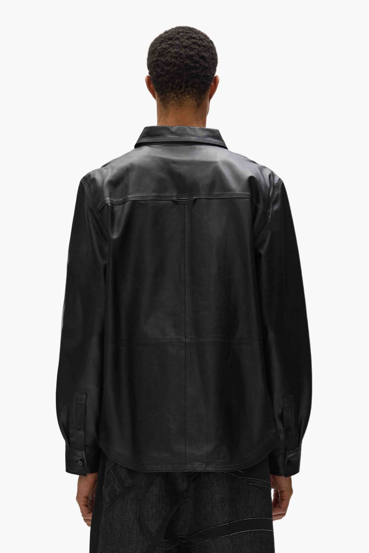Leather Long Sleeve Shirt with lamb leather and purple branded buttons, available in sizes XS to XXL.