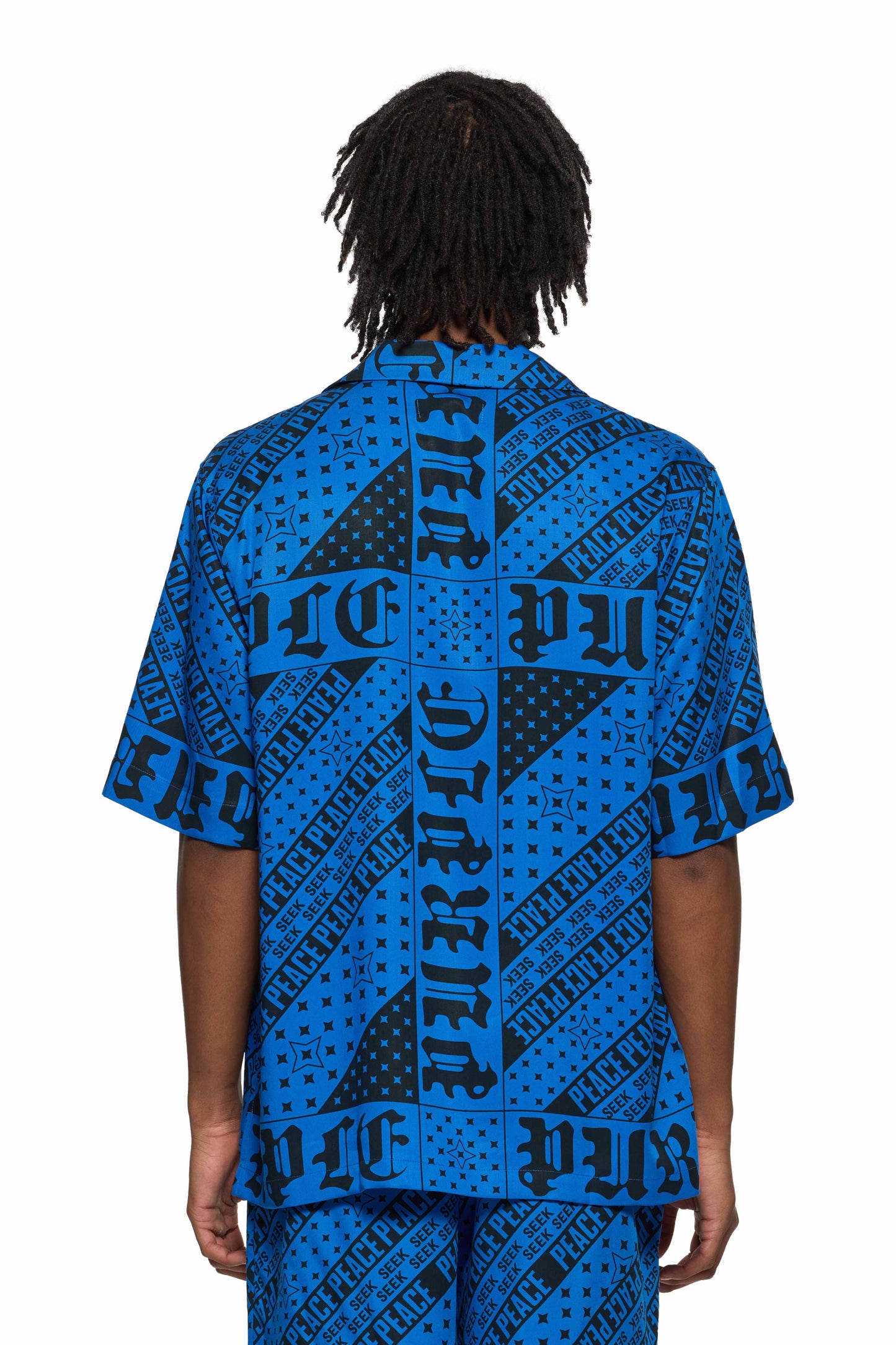 Blue Flag Bandana Shirt with typeface graphics and gothic logo, relaxed fit, short sleeves.