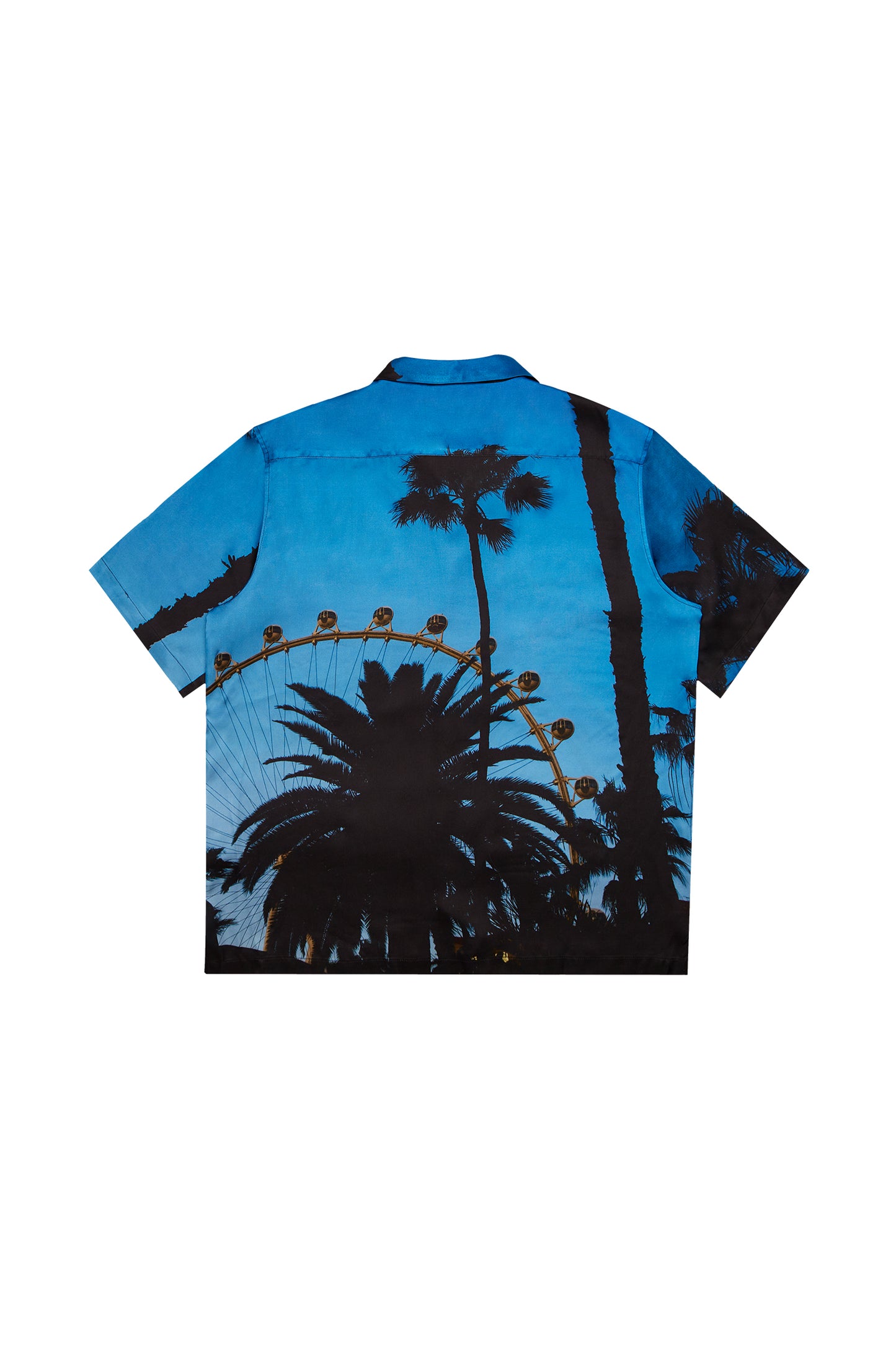 Purple X Blue Sky short-sleeve button-down shirt with photorealistic print and camp collar.