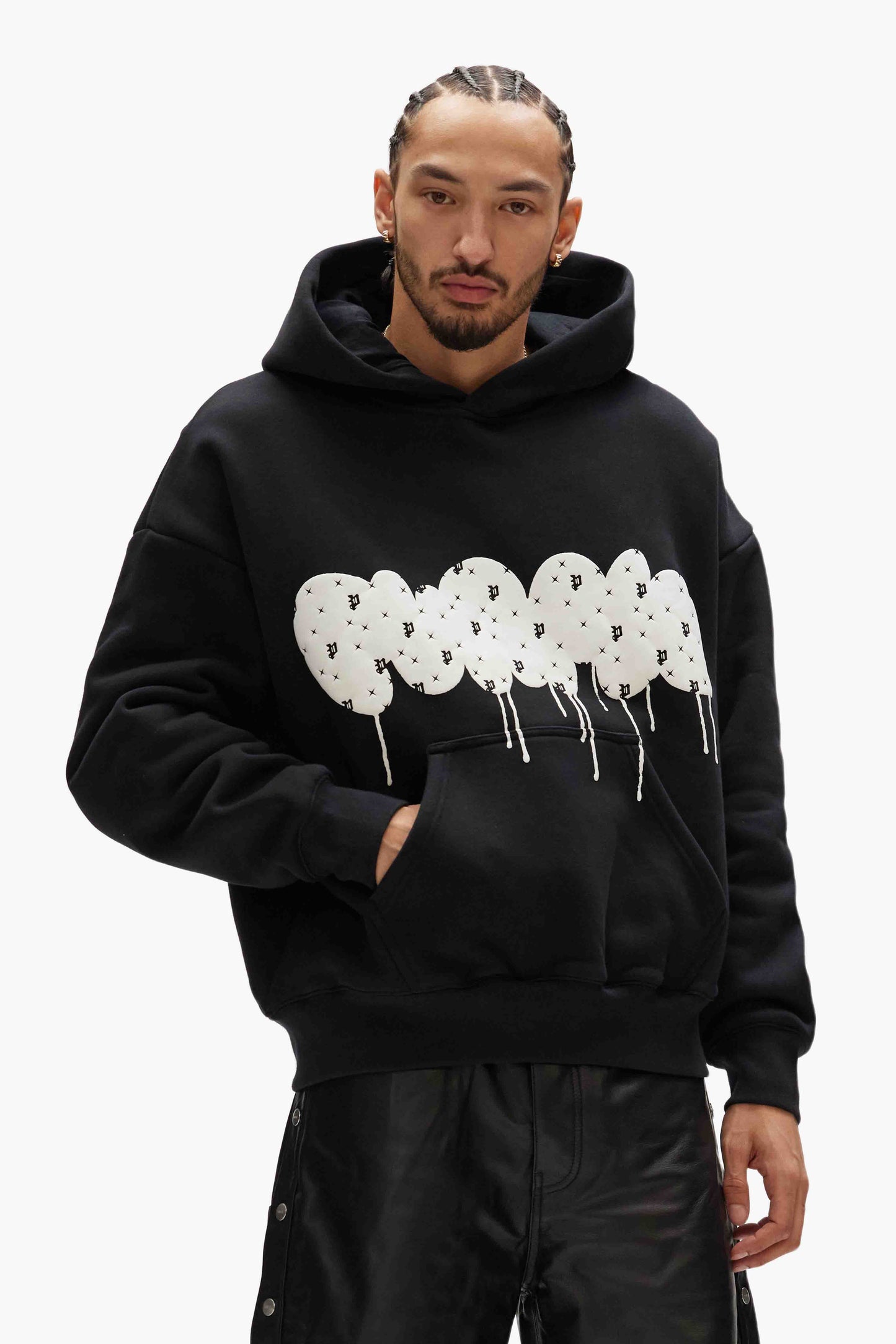 Monogram Puff Hoodie in black made of 100% cotton, available in sizes XS to XXL.