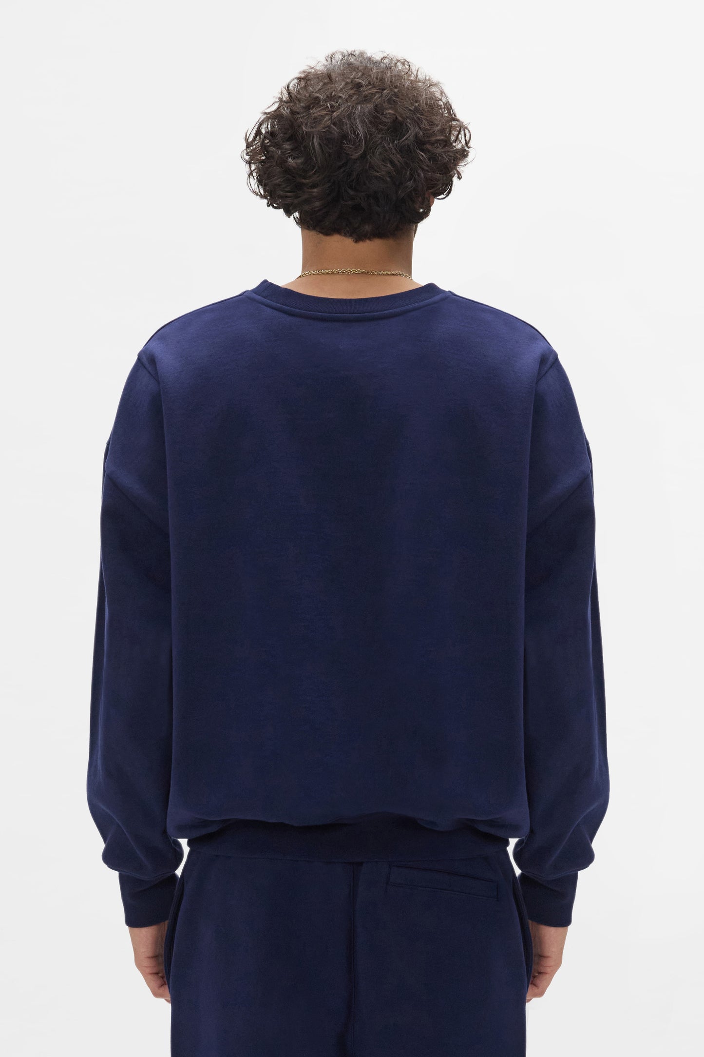 Basic Crewneck Sweater in navy, oversized fit with dropped shoulder, 100% cotton material.