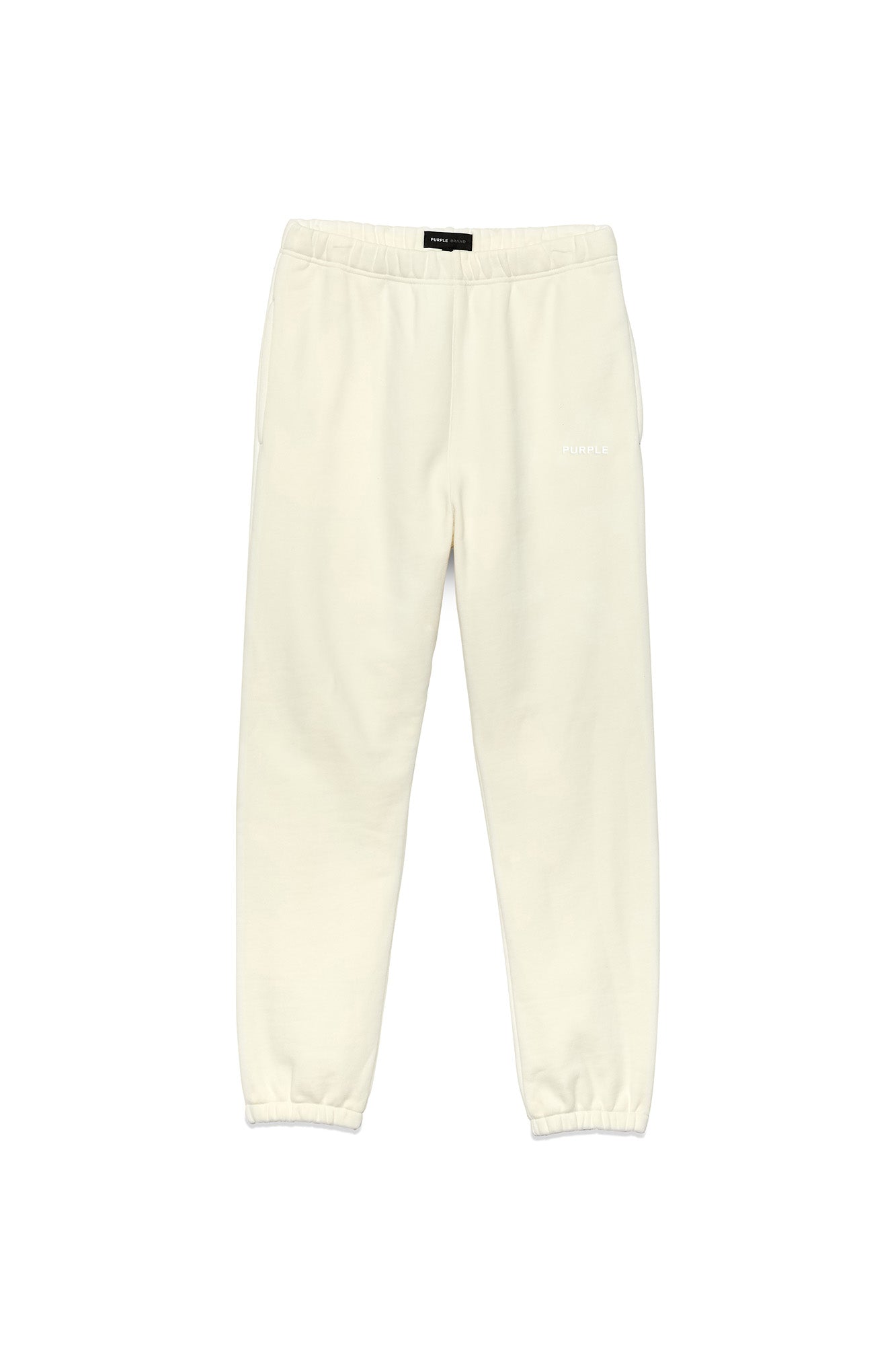 Basic Sweatpant in ivory, regular fit, heavyweight fleece knit with left thigh screen print.