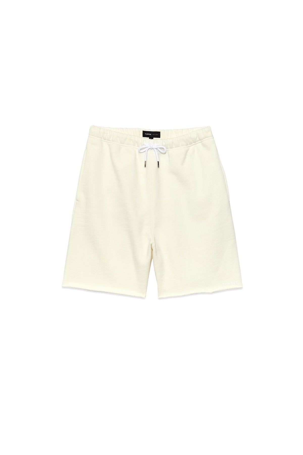 Basic Sweatshort in Ivory, 100% cotton, relaxed fit, heavyweight fleece knit, raw hem.