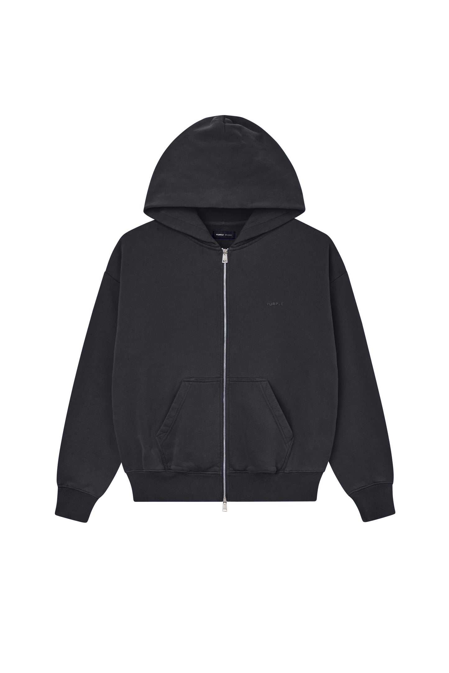 Basic Zip-Up Hoodie in Black, oversized fit, heavyweight fleece knit, dropped shoulders.