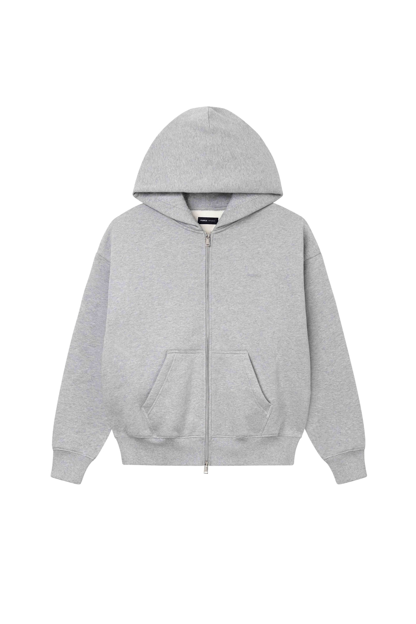 Basic Zip-Up Hoodie in Grey, oversized fit, heavyweight fleece knit, dropped shoulders.