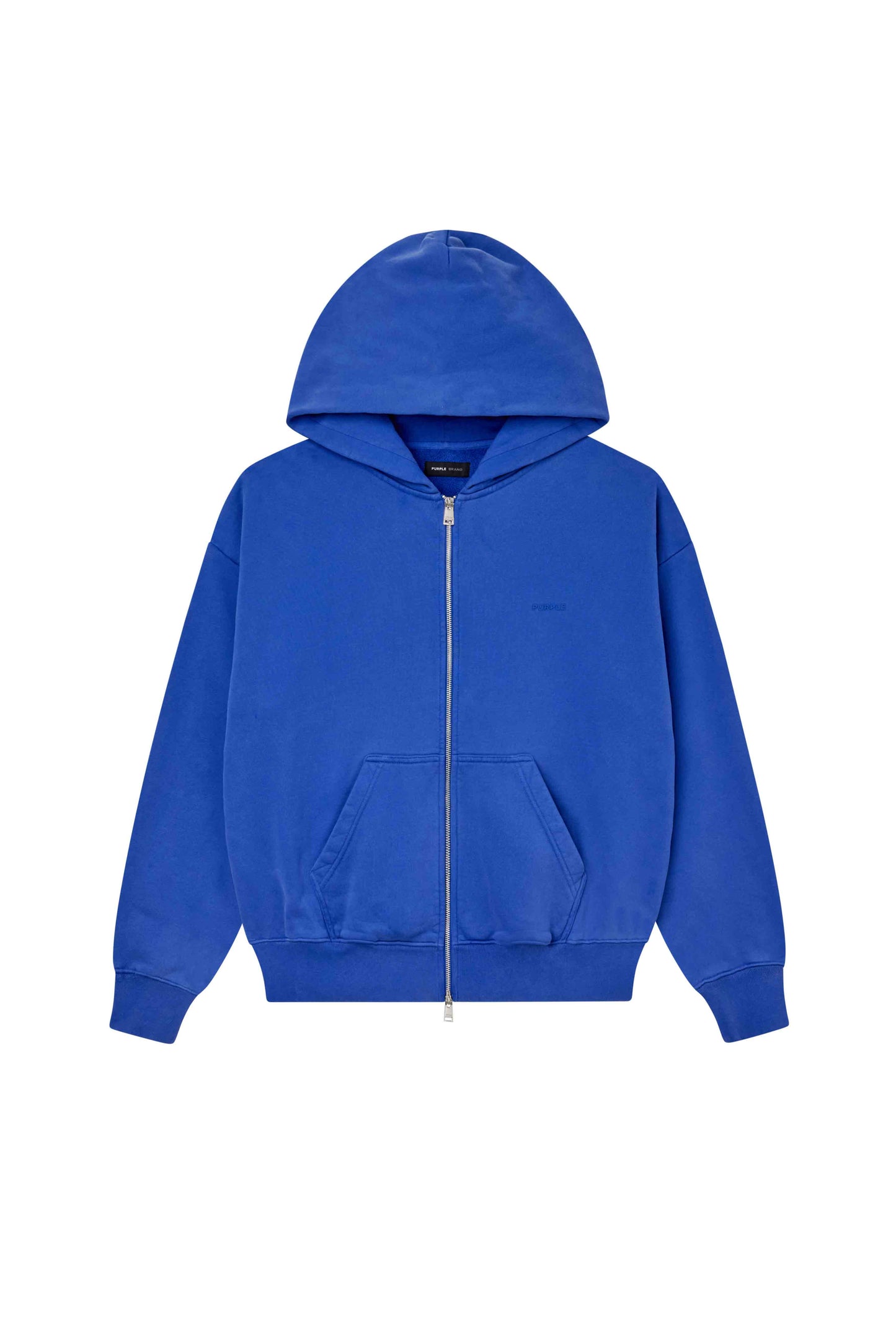 Basic Zip-Up Hoodie in purple, oversized fit, made of 100% cotton with dropped shoulders.