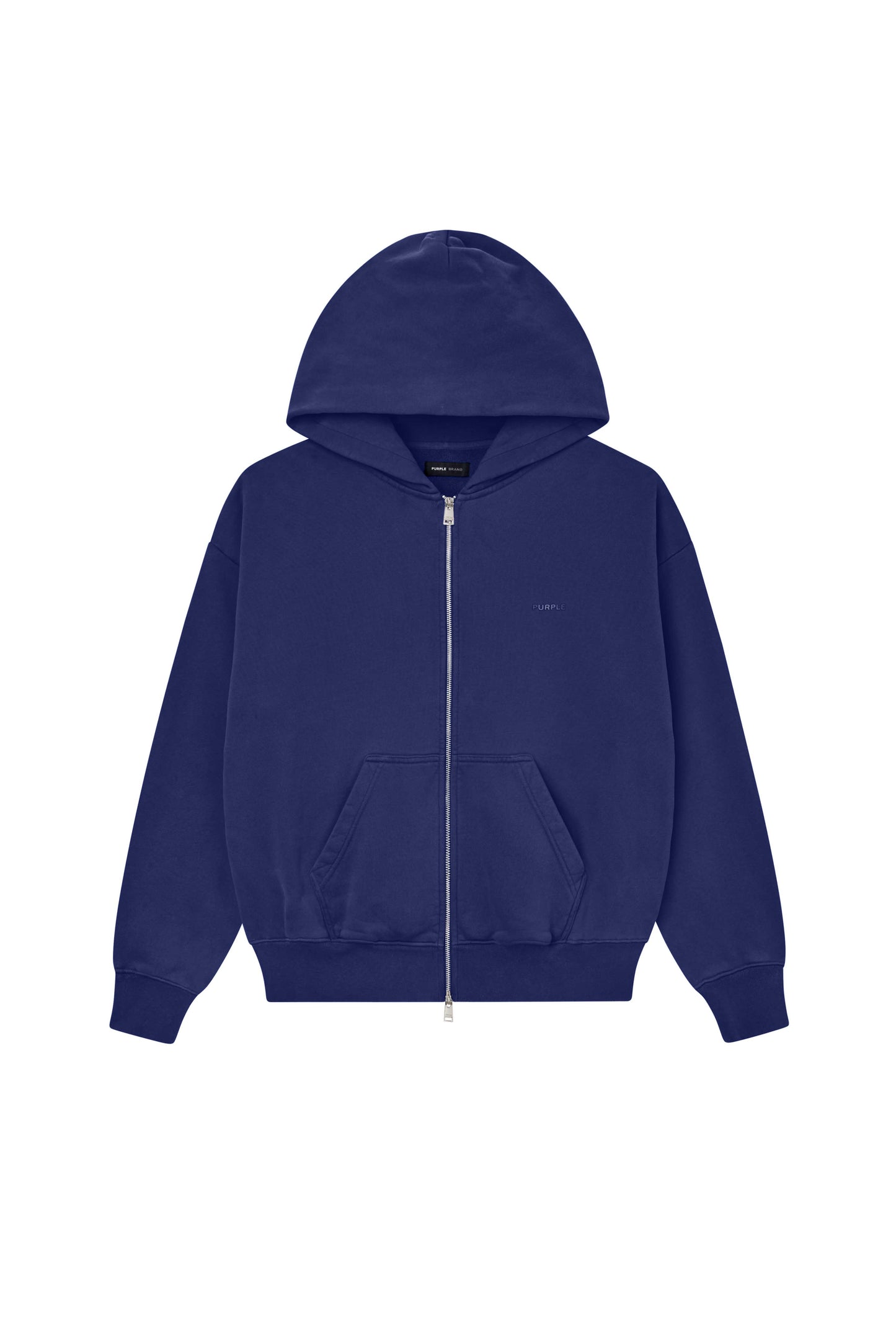 Basic Zip-Up Hoodie in indigo, oversized fit, 100% cotton, heavyweight fleece knit.