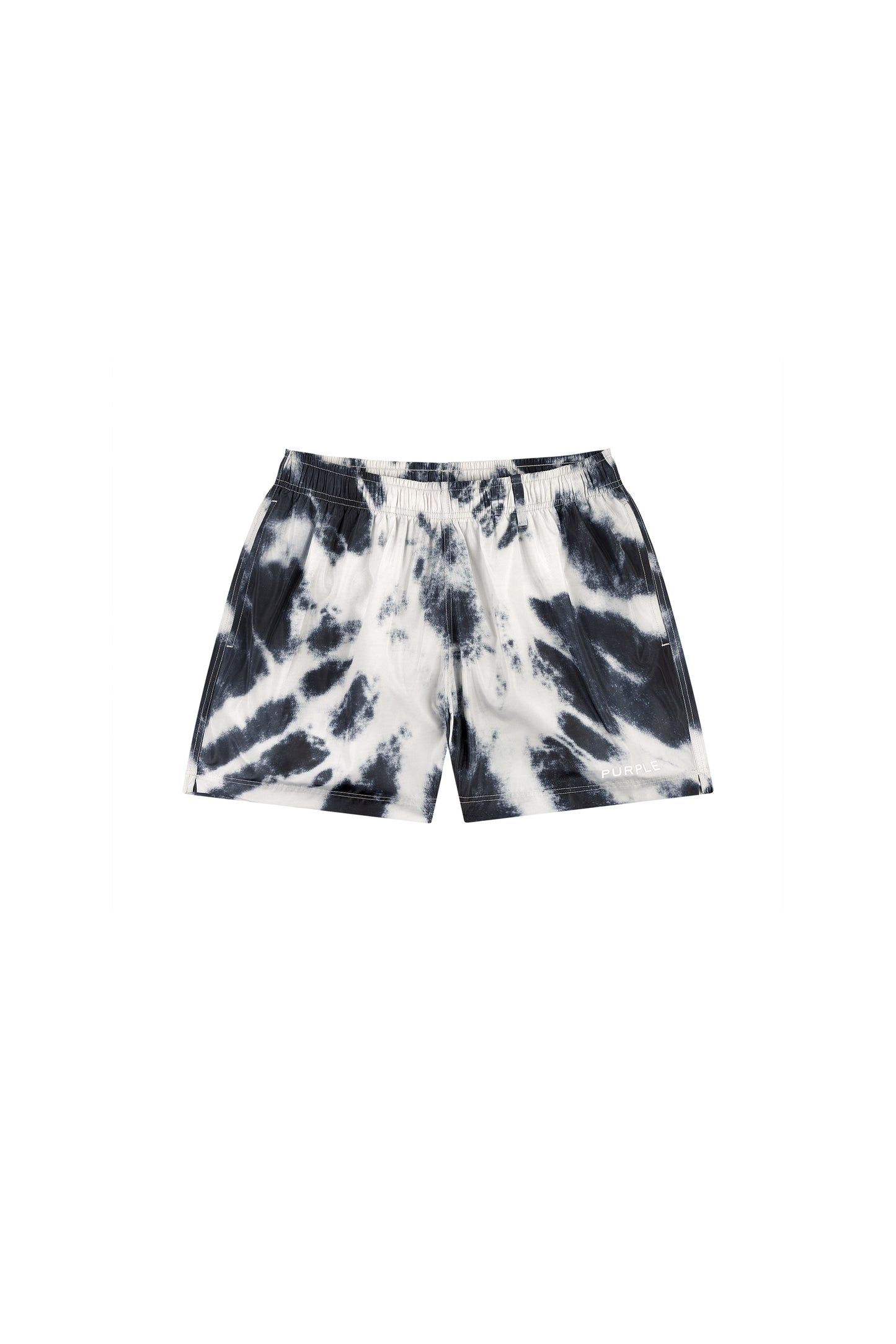 Wordmark Tie Dye All Around Short in various sizes with elastic waistband and water repellent treatment.