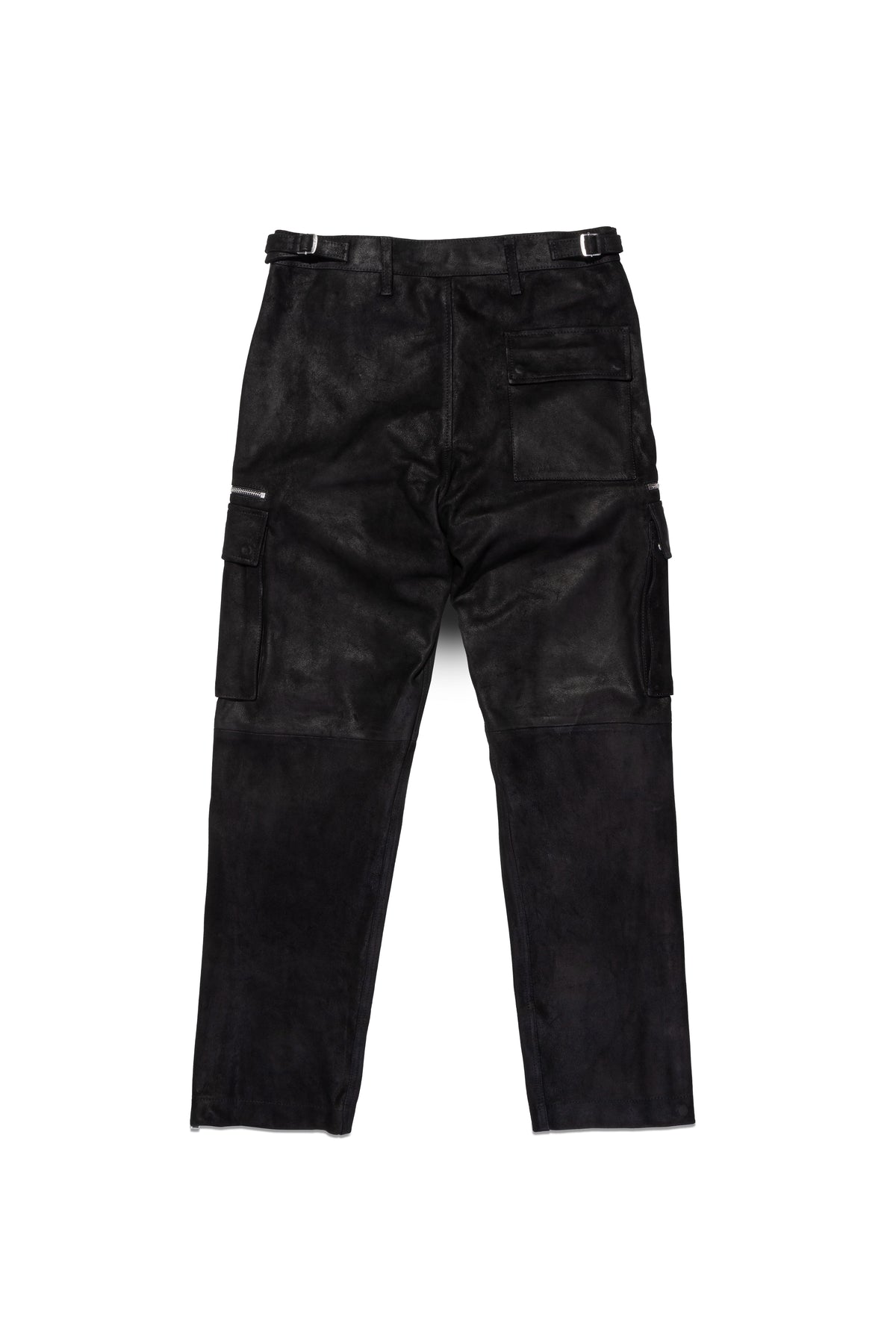Black suede zip cargo pant with utility pockets and zippered leg side seams. Sizes 28 to 40.