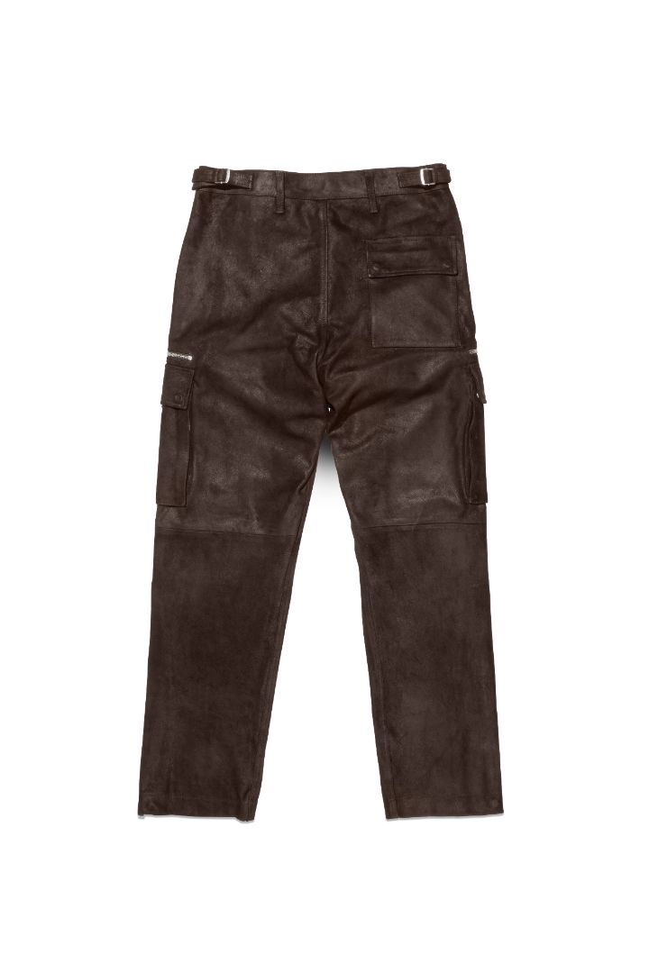 Suede Zip Cargo Pant with multiple utility pockets in brown suede, available in various sizes.