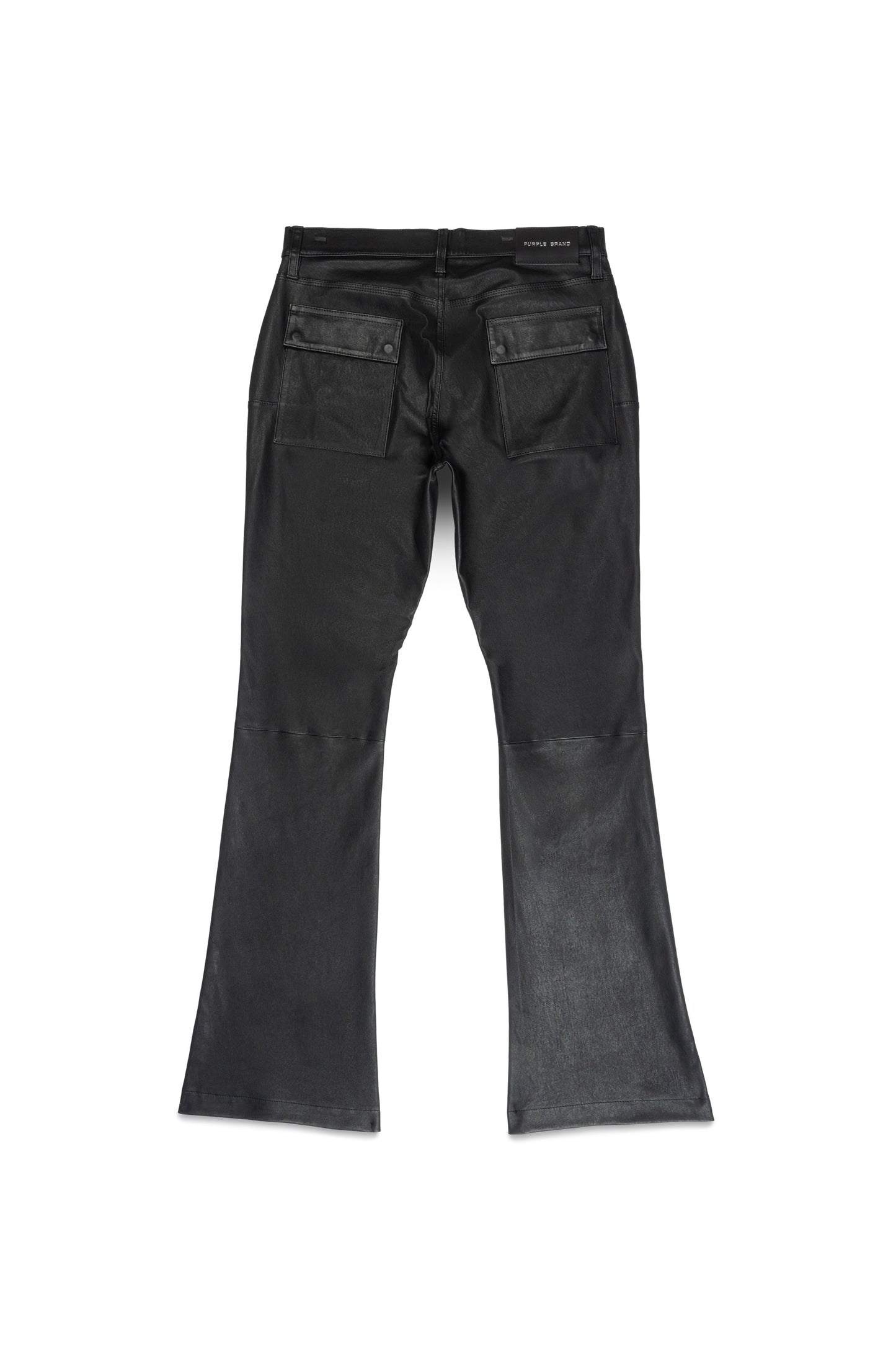 P531 Leather Slim Flare Pants with flared hem and belt loops, available in sizes 28 to 40.