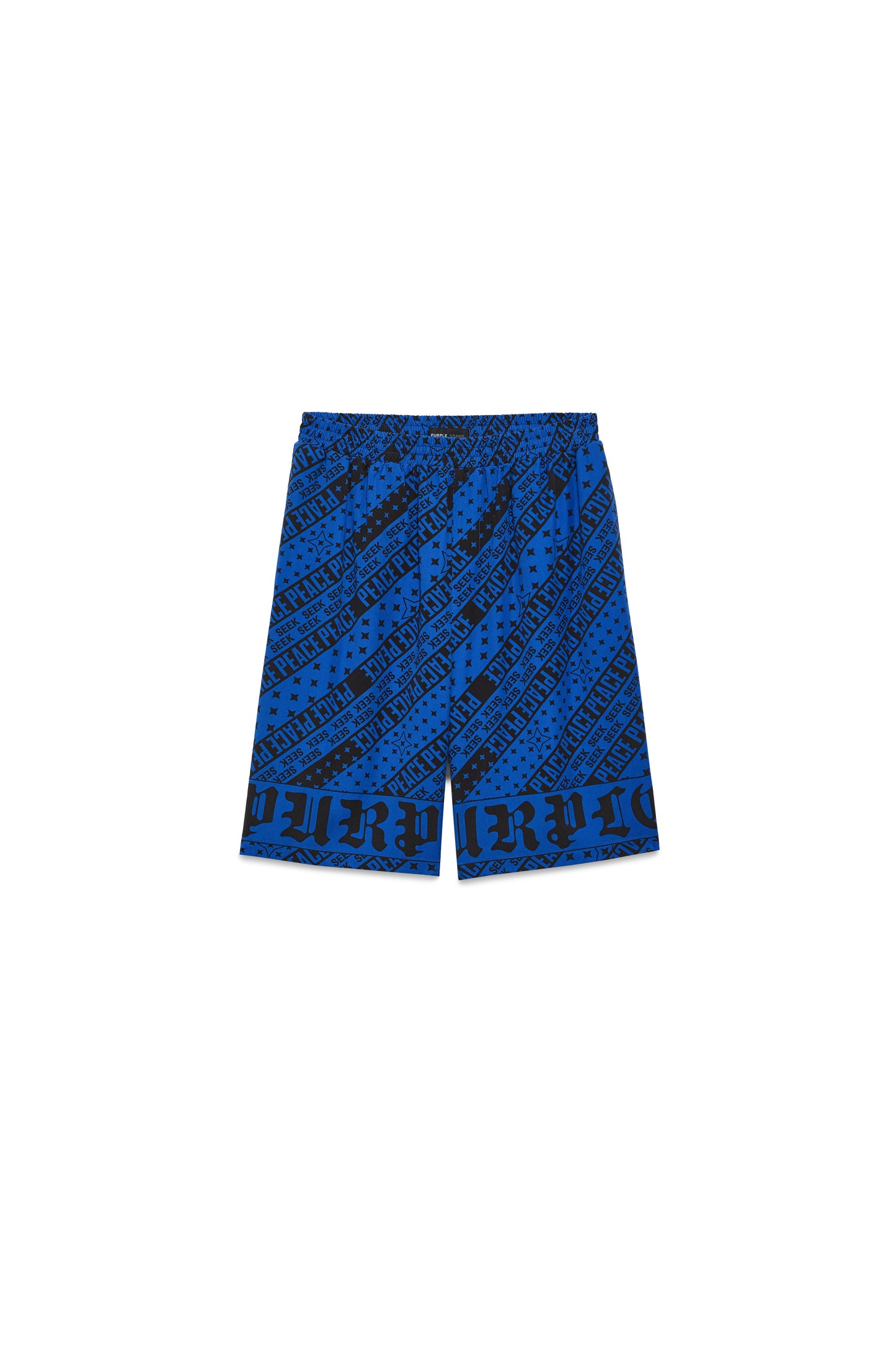 Flag Bandana Shorts with Gothic Purple lettering, relaxed fit, elastic waistband, blue color.