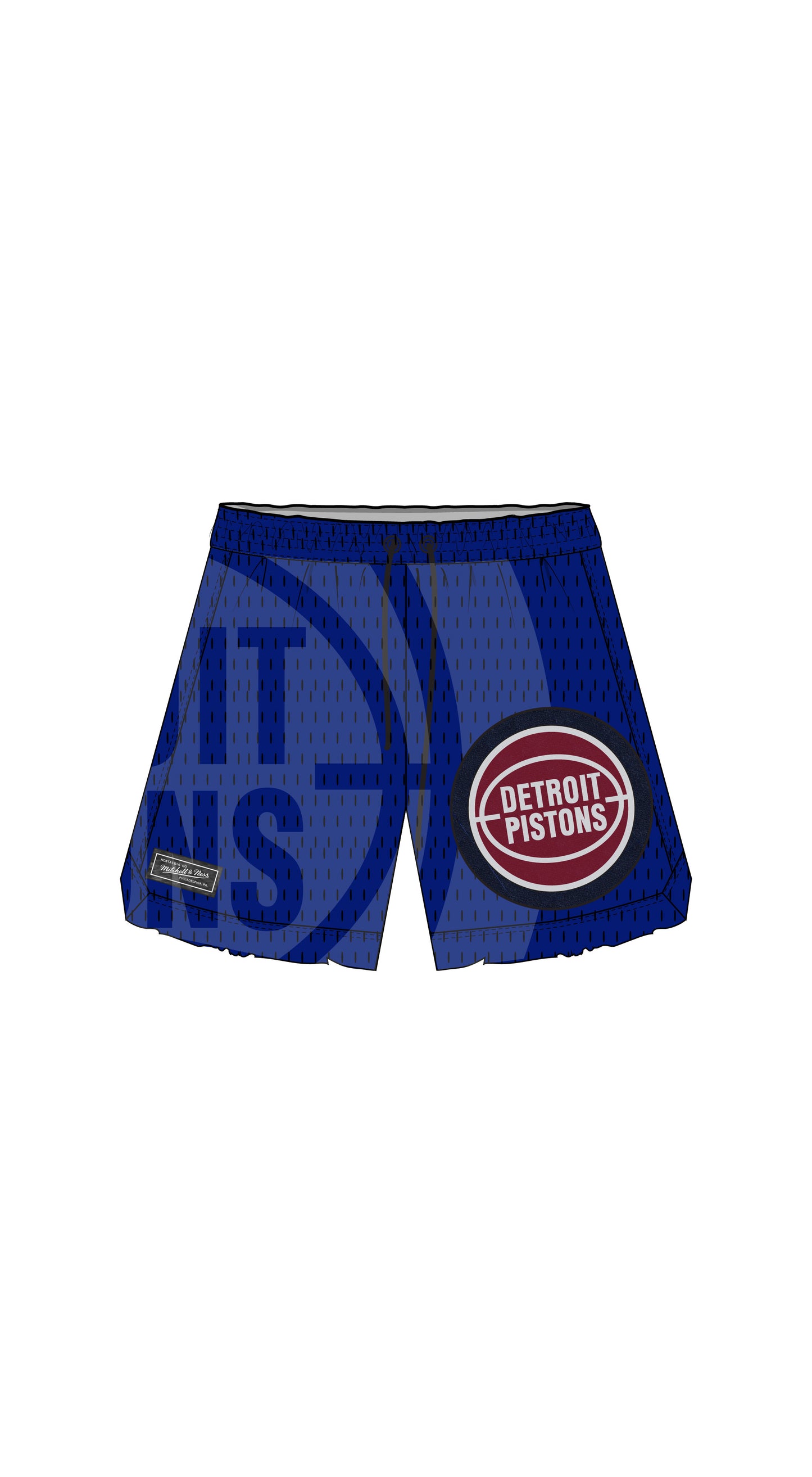 Detroit Pistons Mesh Shorts with elastic waistband and raw edge finish, available in various sizes.