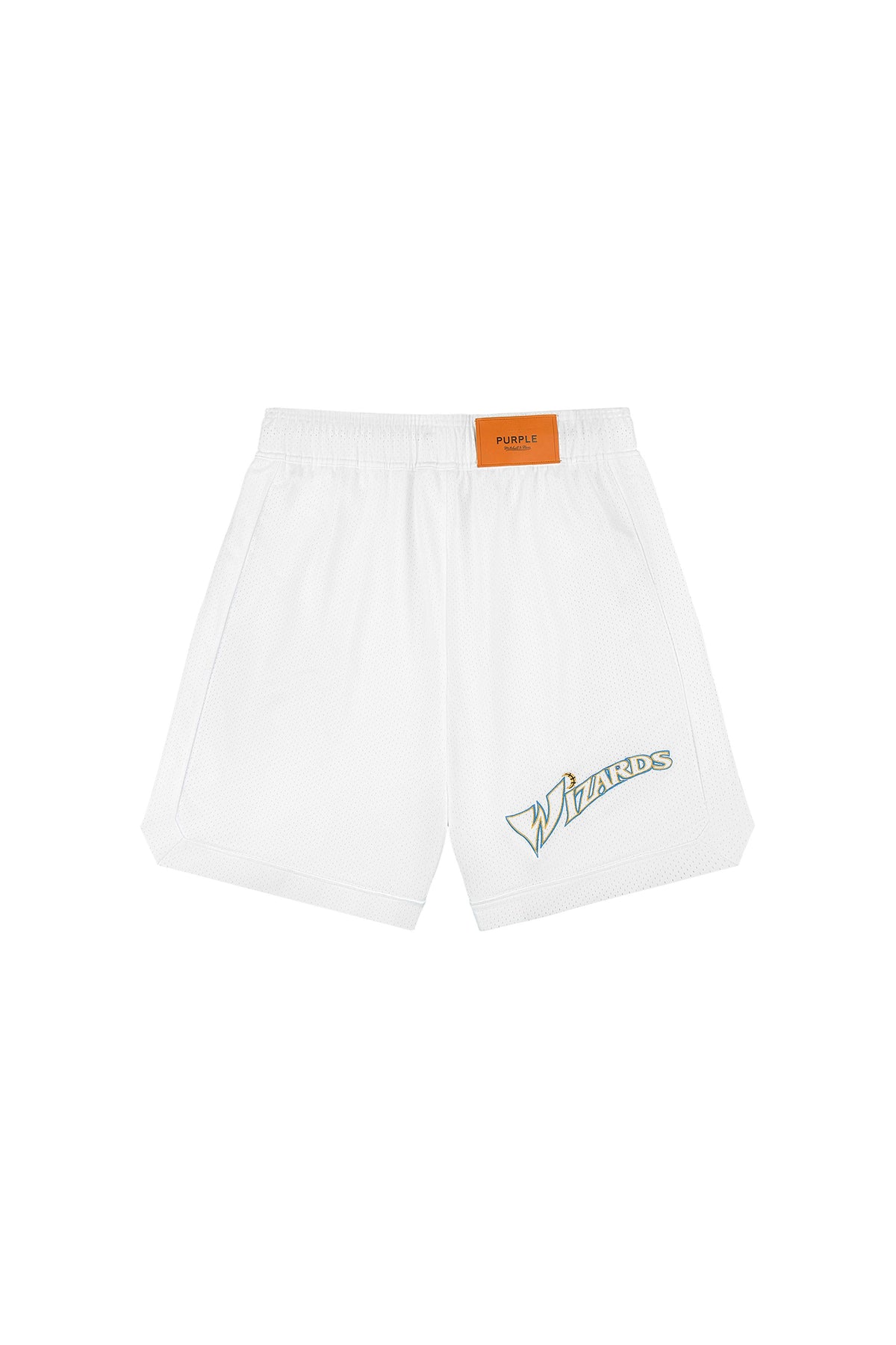 Wizards Mesh Shorts with elastic waistband and drawcords, featuring a relaxed fit and mesh fabric.
