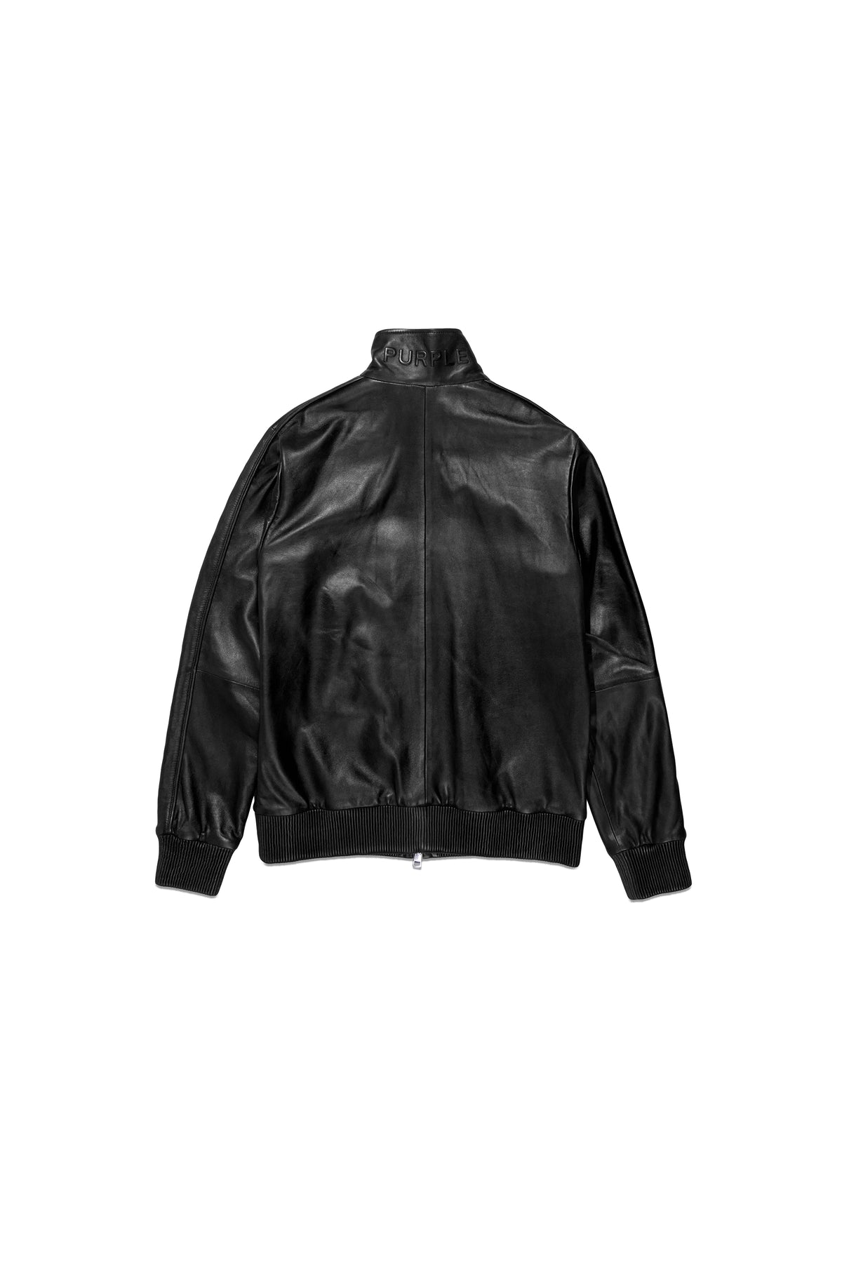 Leather Track Jacket in black with high neck and Purple Brand logo lettering.