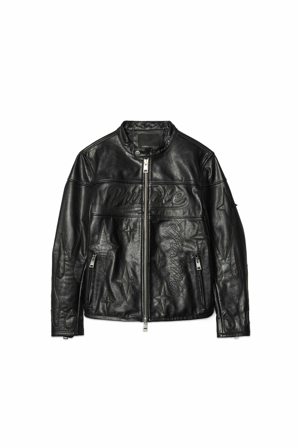 Leather Moto Jacket in black leather with flame embossing and Purple Brand logo, regular fit.