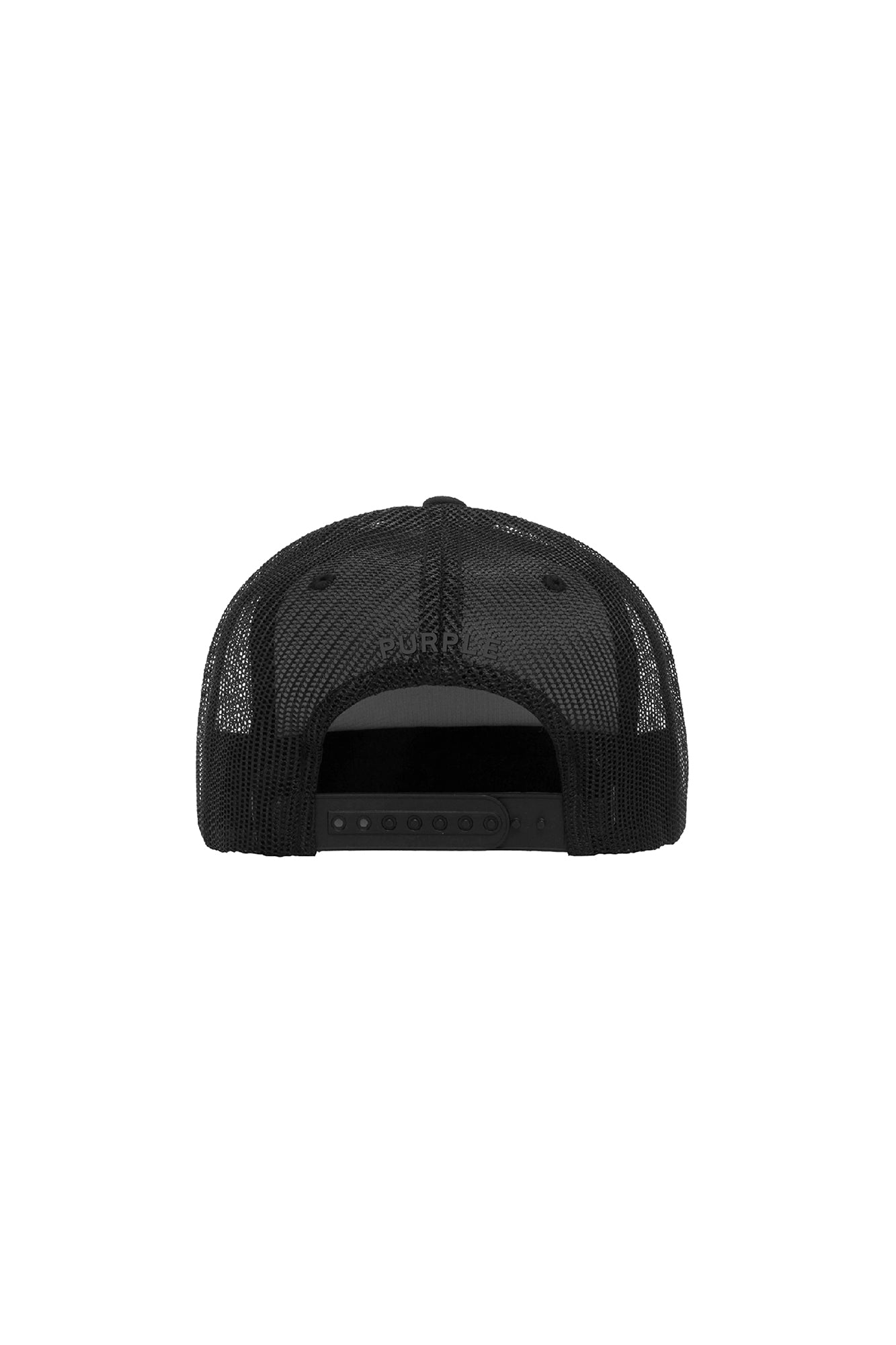 P902 5 panel hat with black lettermark, foam front panel, mesh back, adjustable snapback.
