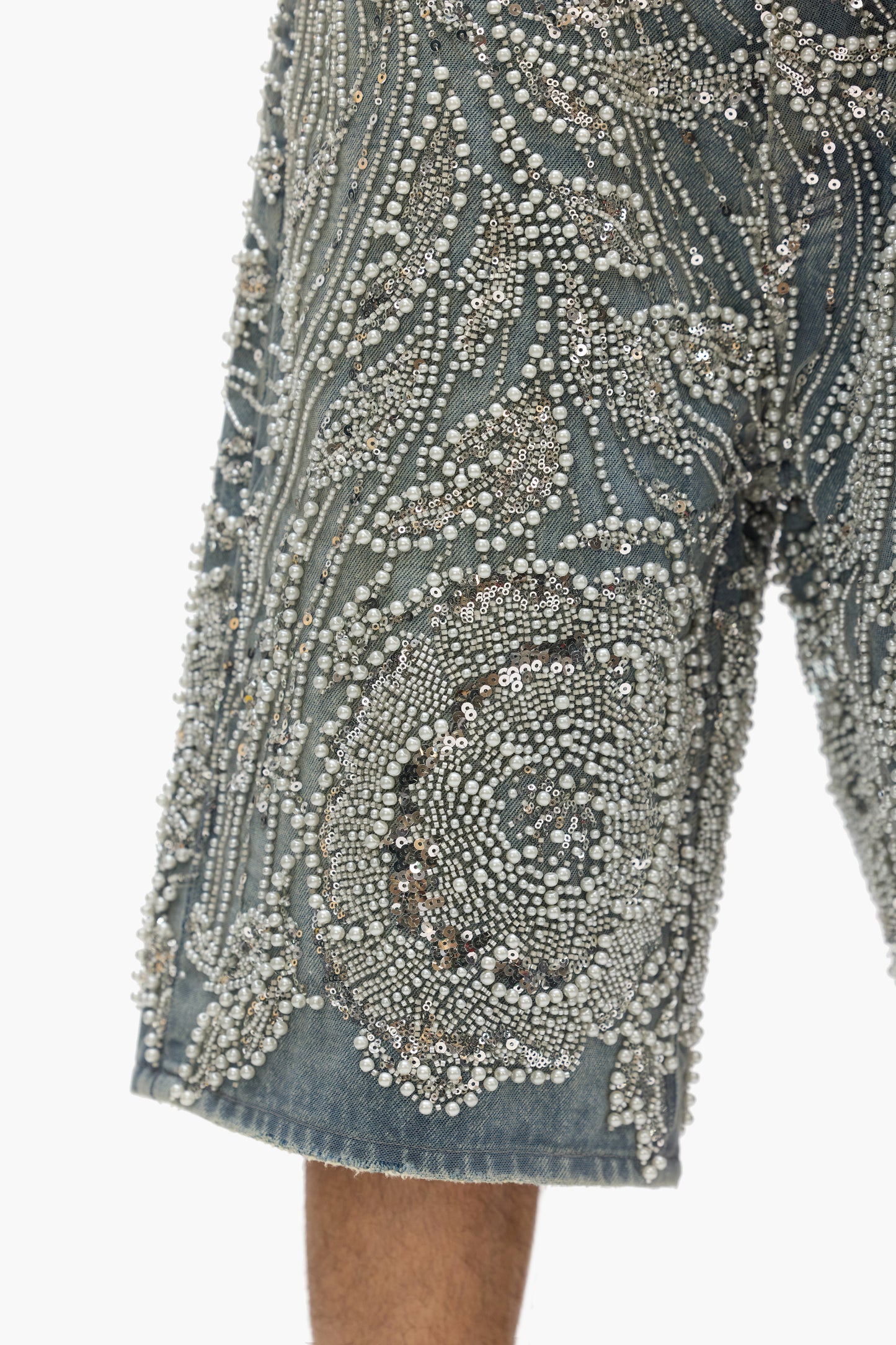 Hand Beaded & Crystal Embellished Short in light indigo cotton denim with wide leg fit.