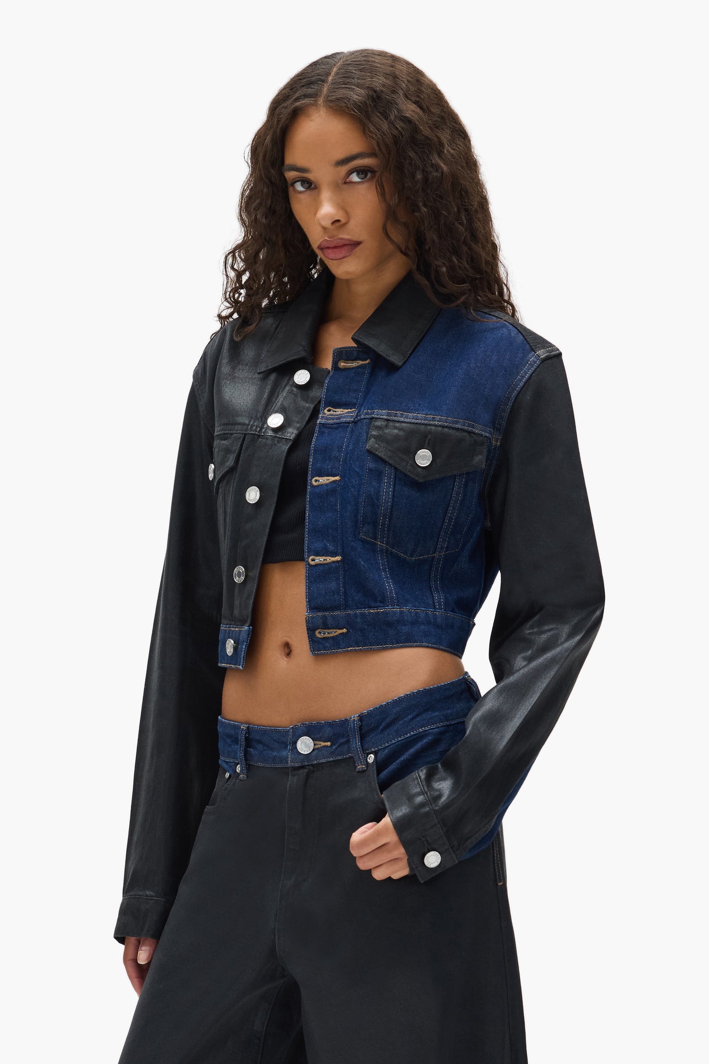 Dual Tone Cropped Jacket with front pockets and button-front closure, made of 100% cotton.