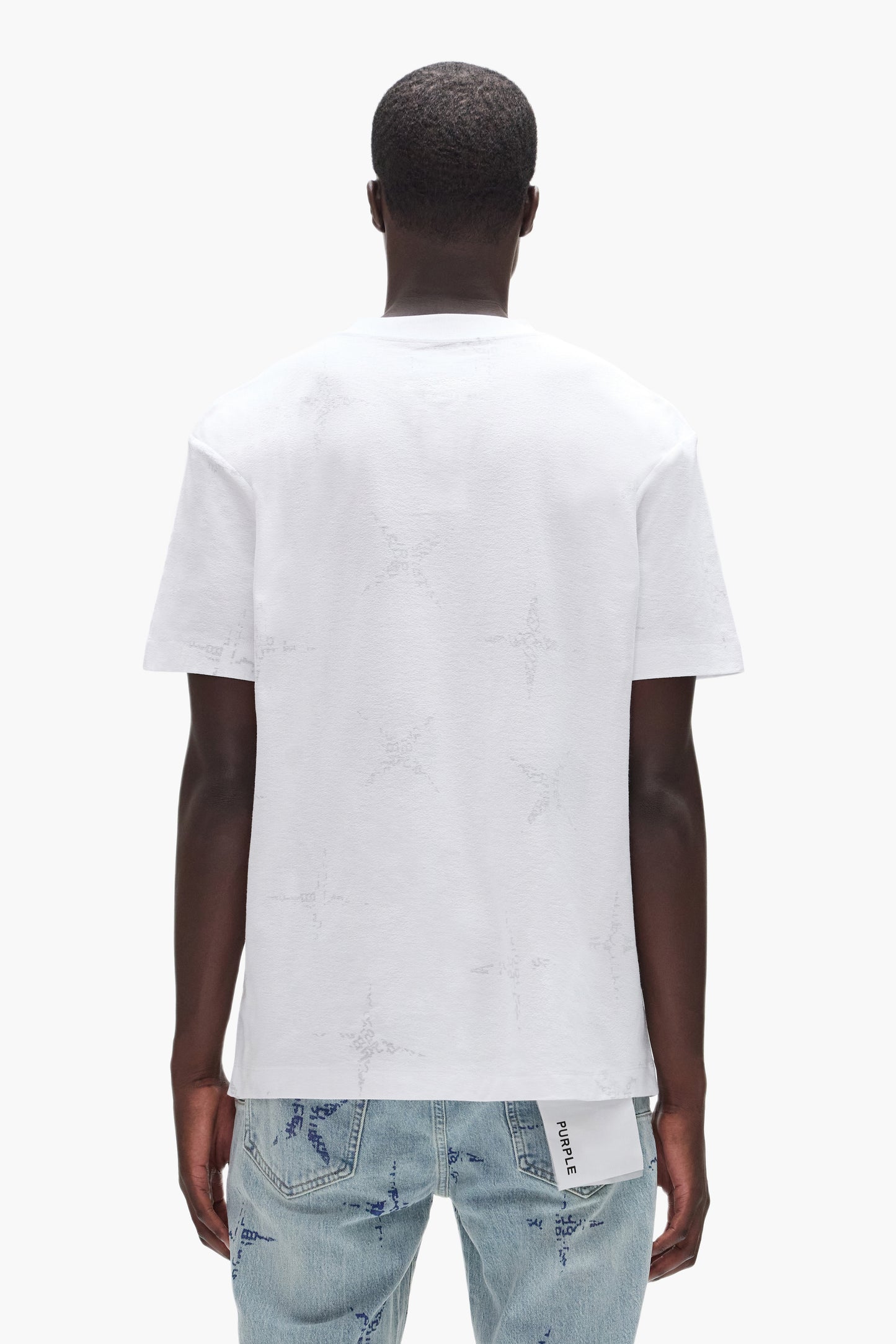 Stars Tee short sleeve jersey knit with star design and Purple Brand logo on left chest.