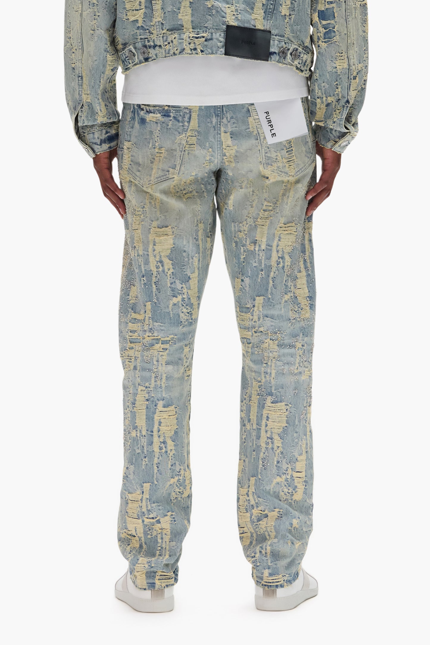 Bead Splatter Destroy denim with heavy abrasions and beaded embroidery, available in various sizes.