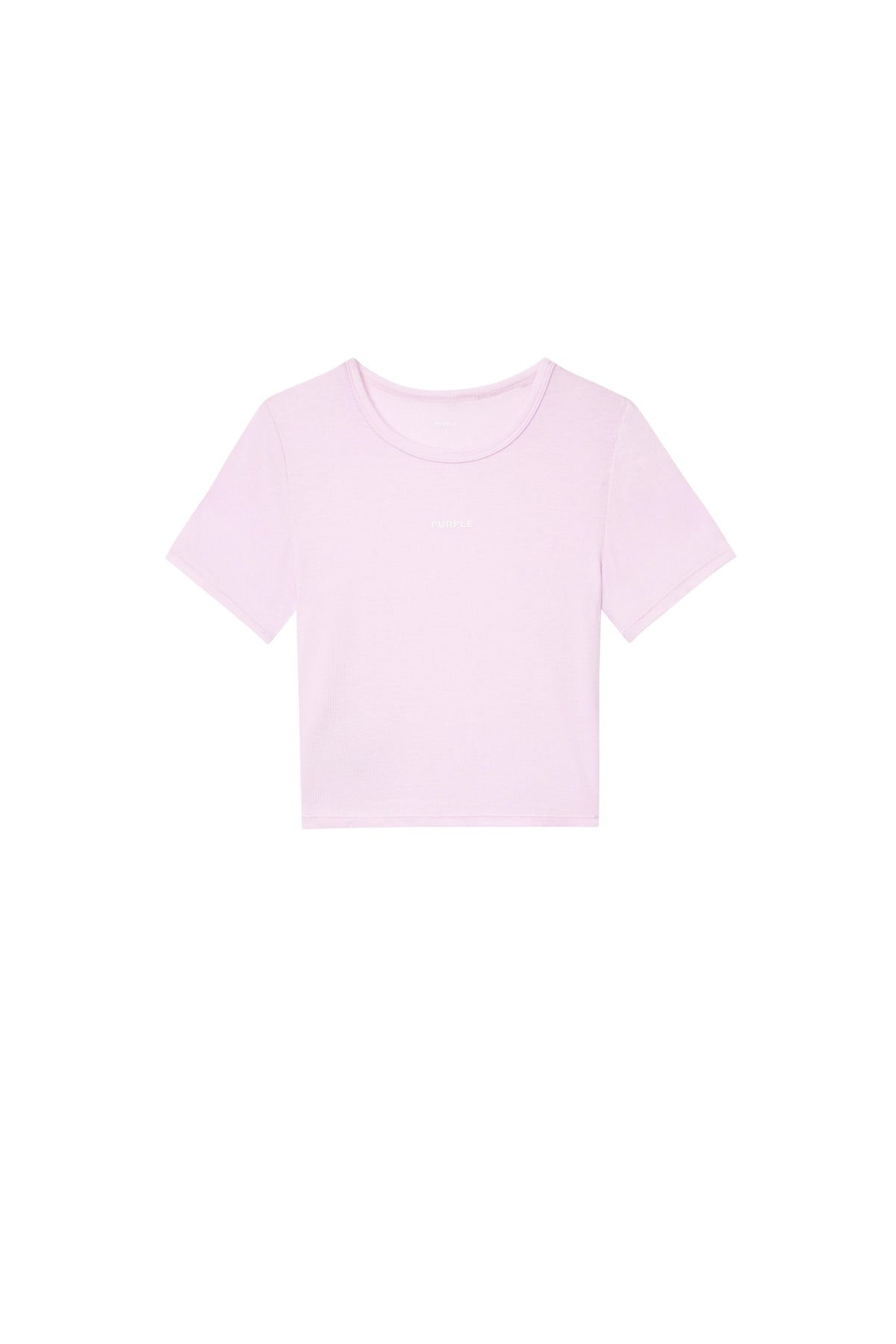 Wordmark Baby Tee cropped purple ribbed tee with classic crewneck and flocked brand lettering.