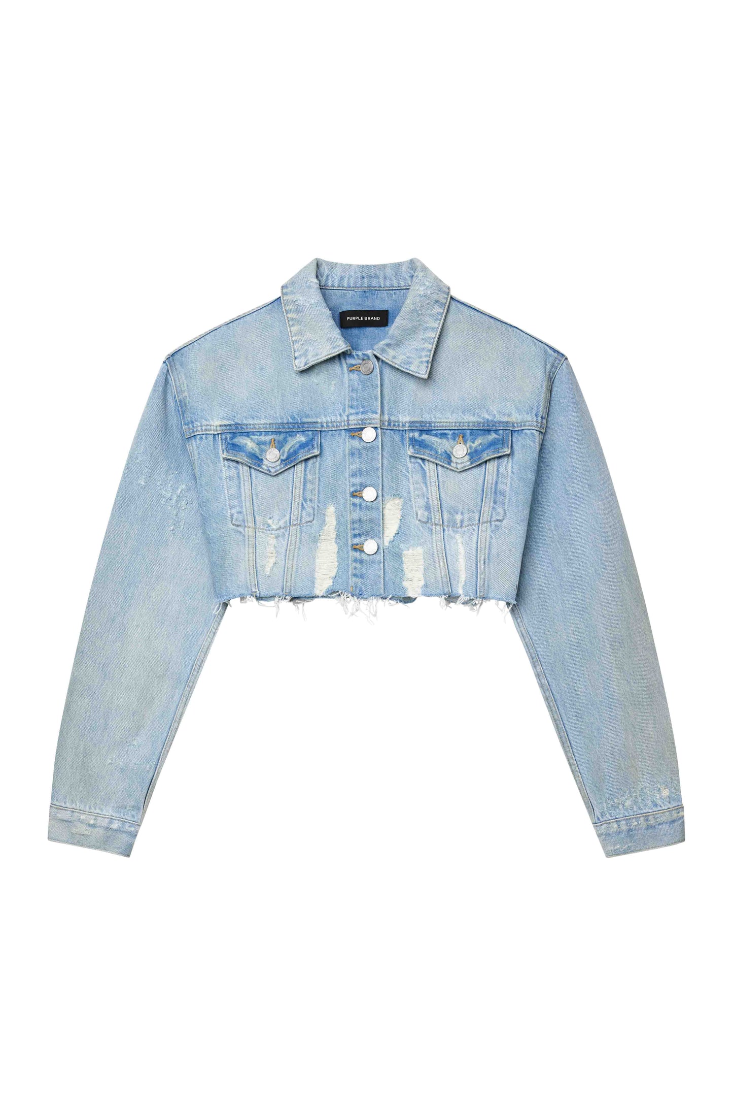 Cropped Denim Jacket in Light Indigo with Front Flap Pockets and Button Closures