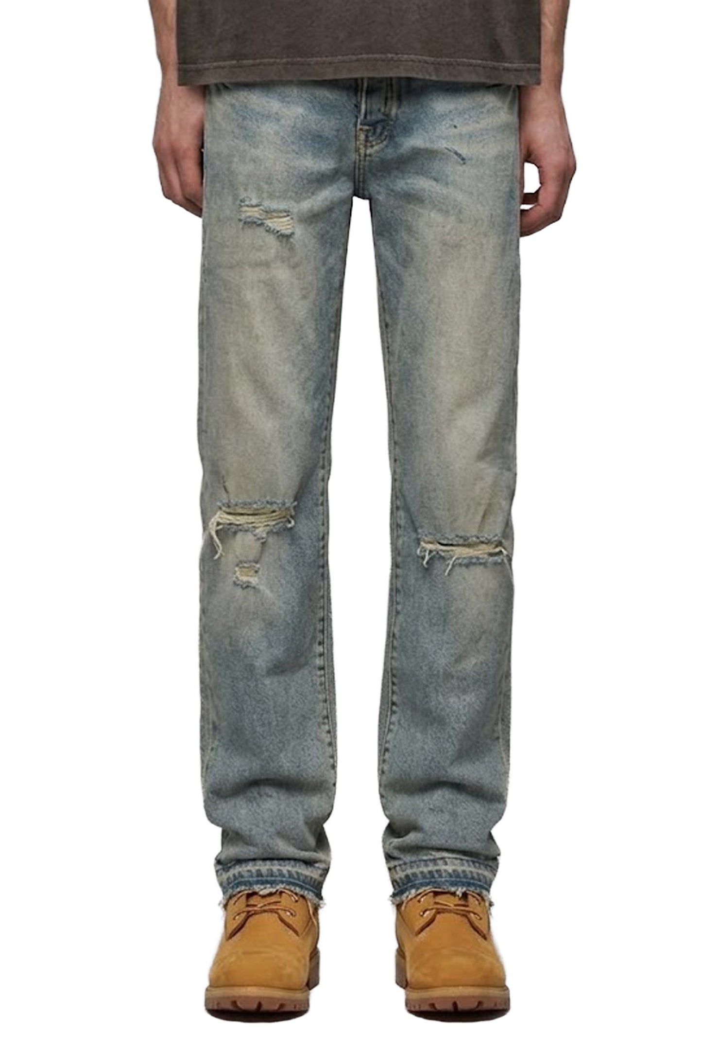 Vintage Knee Slit Jeans in mid rise straight fit with knee slits and abrasions.
