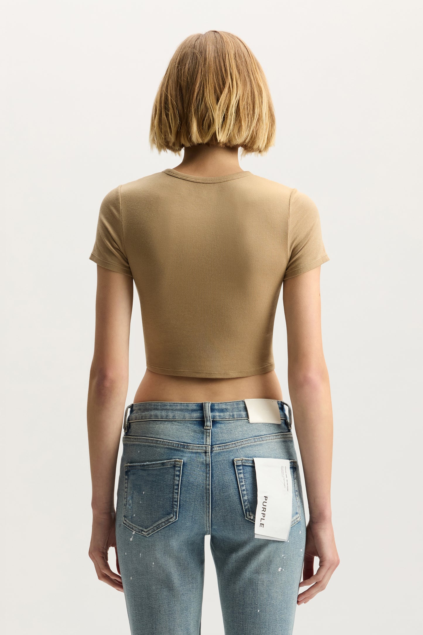 Wordmark Applique Rib Baby Tee in khaki, cropped slim fit with modal and elastane blend.