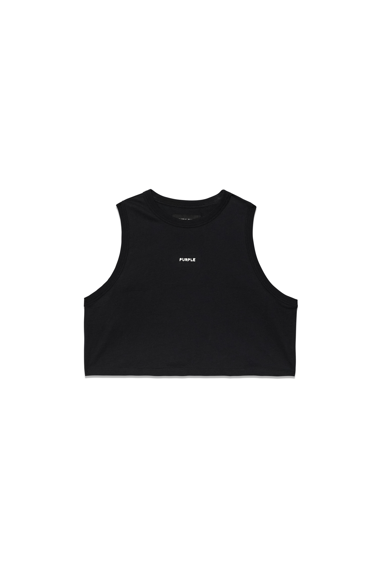 Wordmark Muscle Tank cropped tee with center front tuffetage embroidery, size XXS to XL.