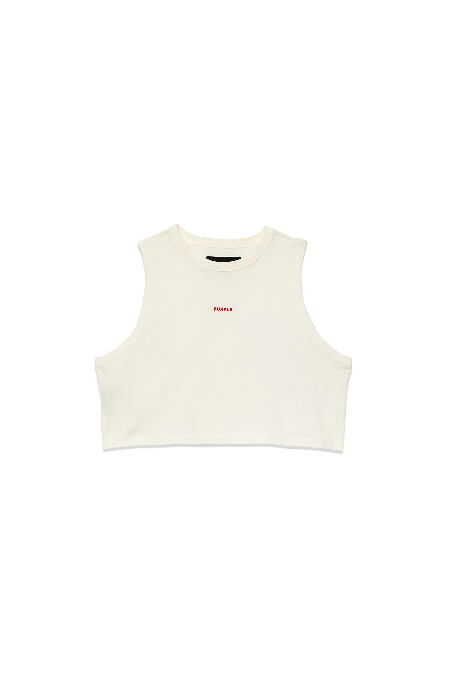 Wordmark Muscle Tank cropped tee with center front embroidery, available in sizes XXS to XL.