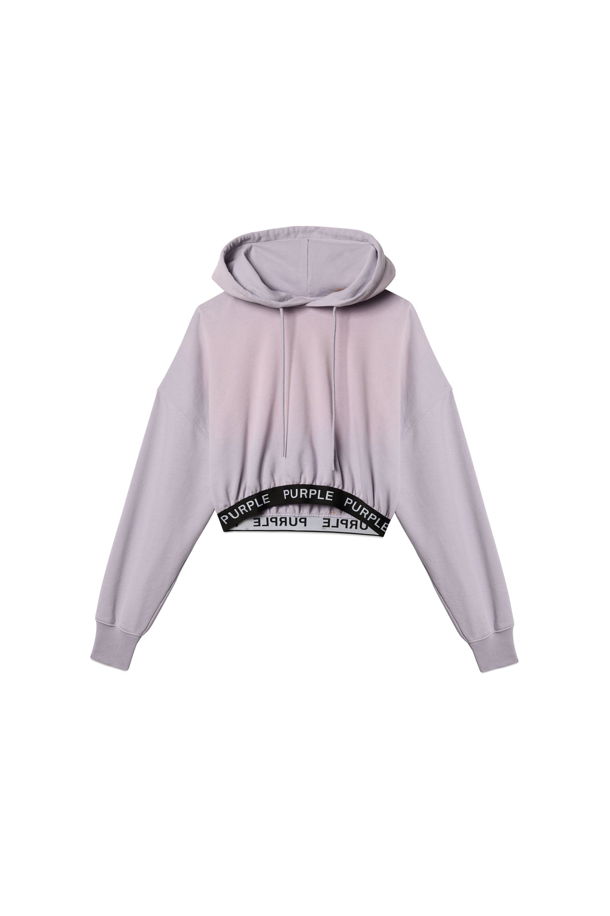 Wisteria Cropped Hoodie in lavender with dropped shoulders and stretch waistband, XXS to XL.