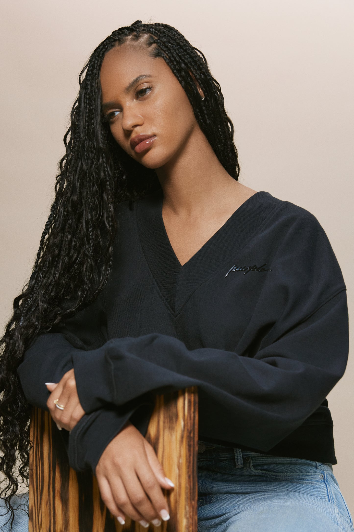 Script Oversized V Neck Top with dropped shoulder and left chest TPU print in French Terry fabric