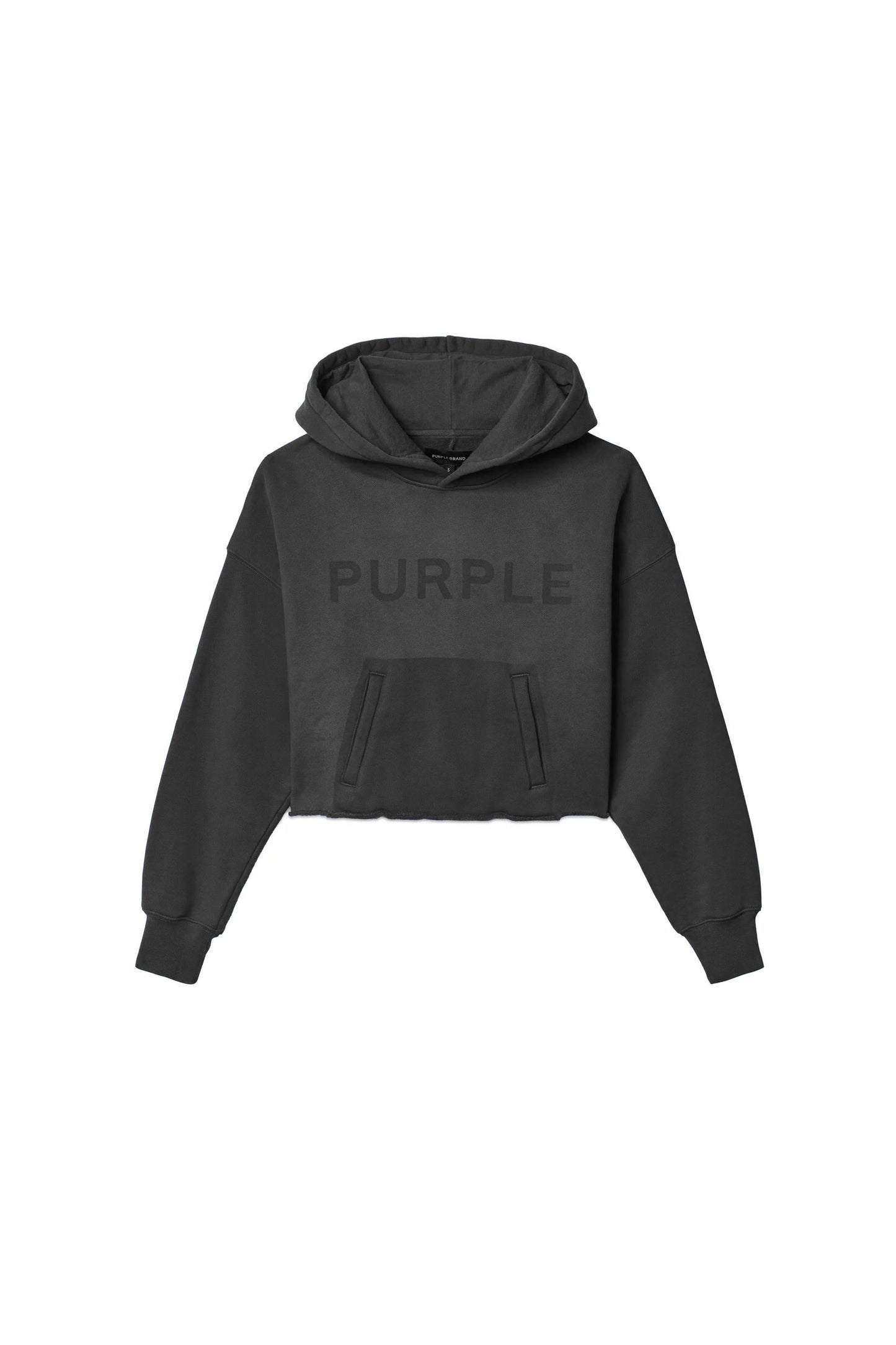 Wordmark Hoodie in tan fleece with tonal Purple Brand logo and cropped raw-edge hem.