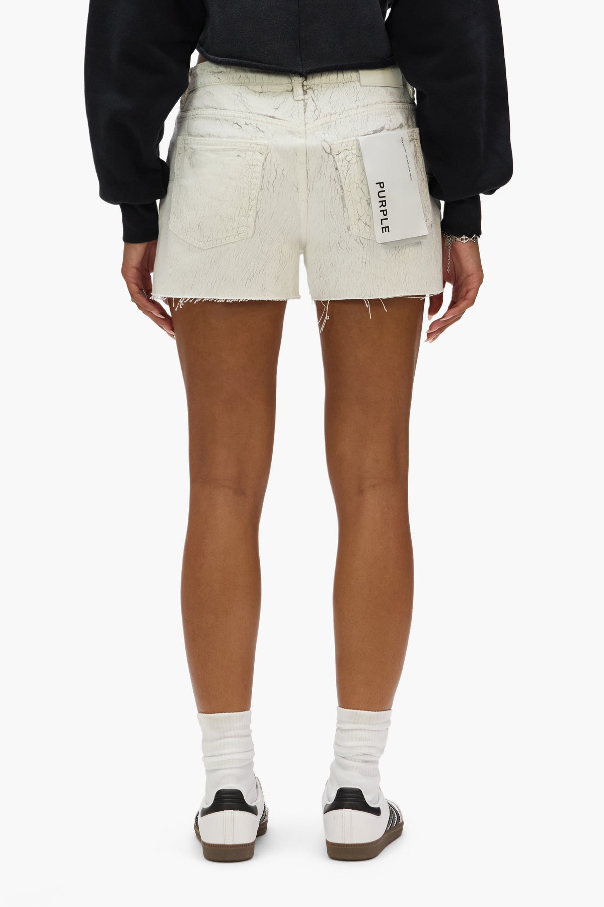 Cut Off Shorts Crackle Print Denim Slim Fit with Frayed Hem and Front Button Fly