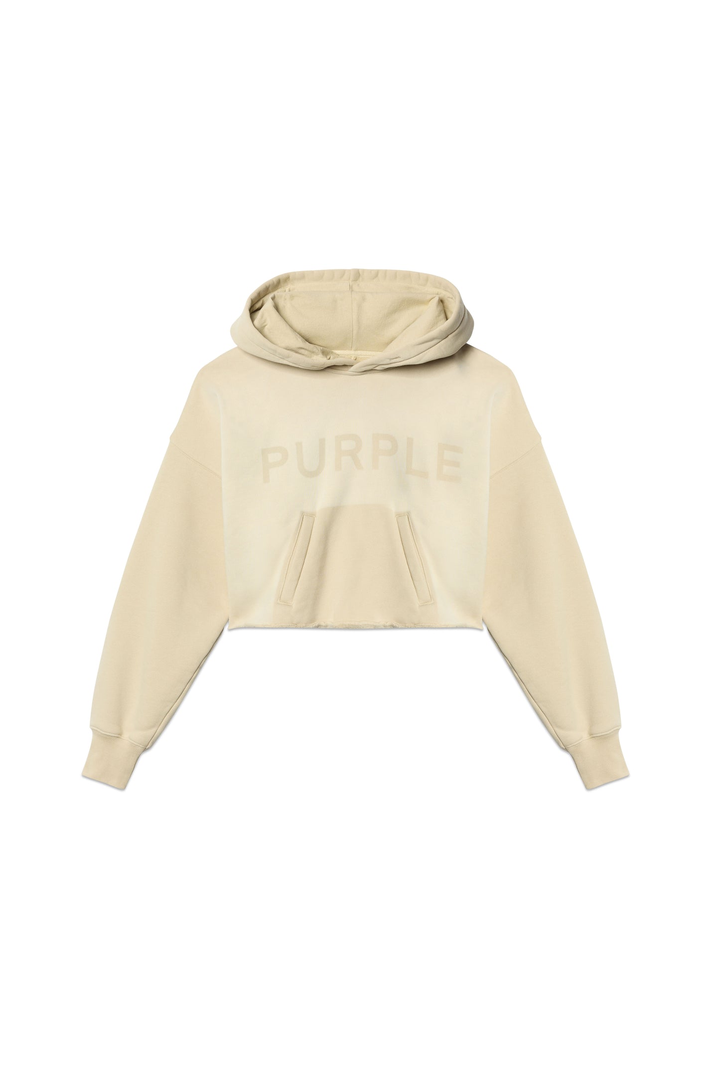 Wordmark Hoodie in heavyweight tan fleece with tonal logo, cropped hem, and kangaroo pocket.