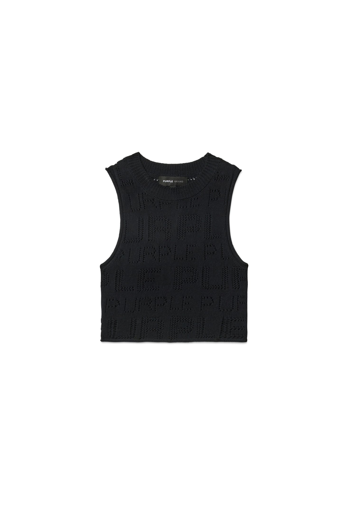 Pointelle Sweater Vest sleeveless cropped top with crewneck and logo design, available in sizes XXS to XL.