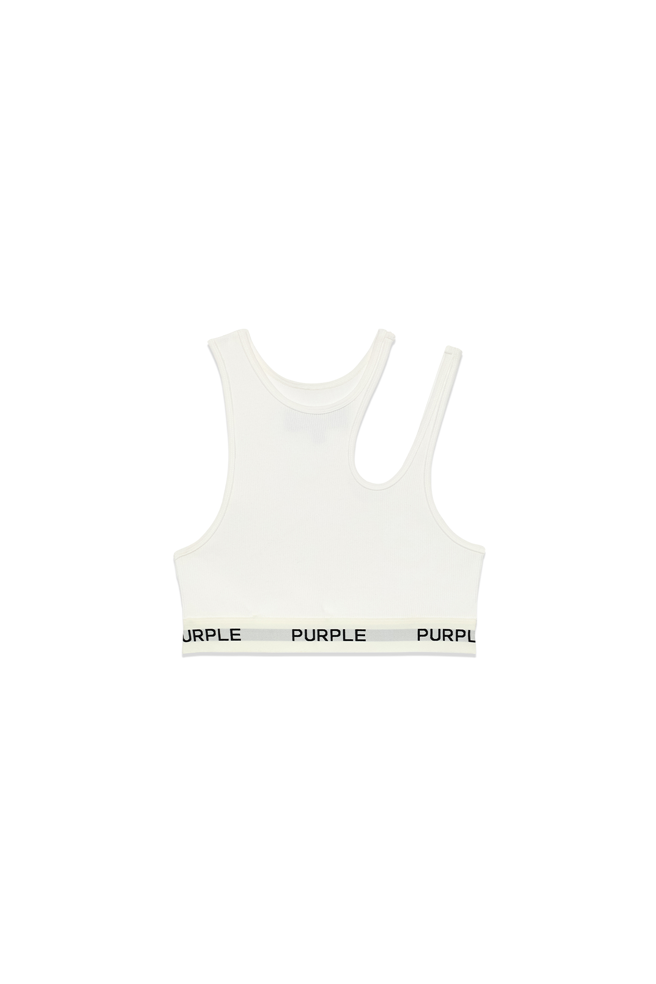 Rib Cut Out Bralette with wide soft purple branded elastic hem and shoulder cut out design