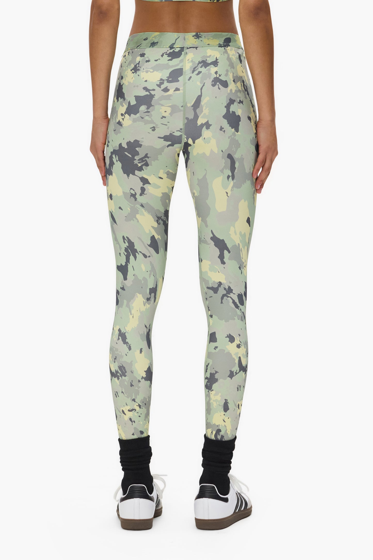 Painted Camo Nylon Legging with branded elastic waistband and all-over camo print