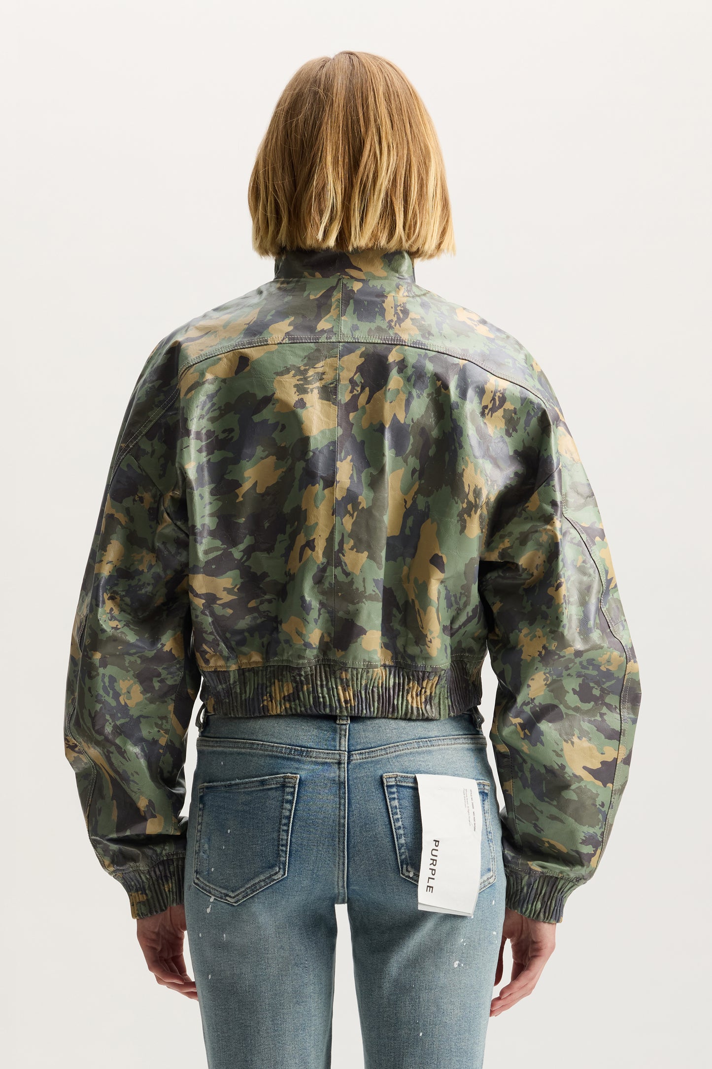 Painted Camo Leather Jacket in relaxed fit crafted from 100% lambskin with zipper hand pocket.