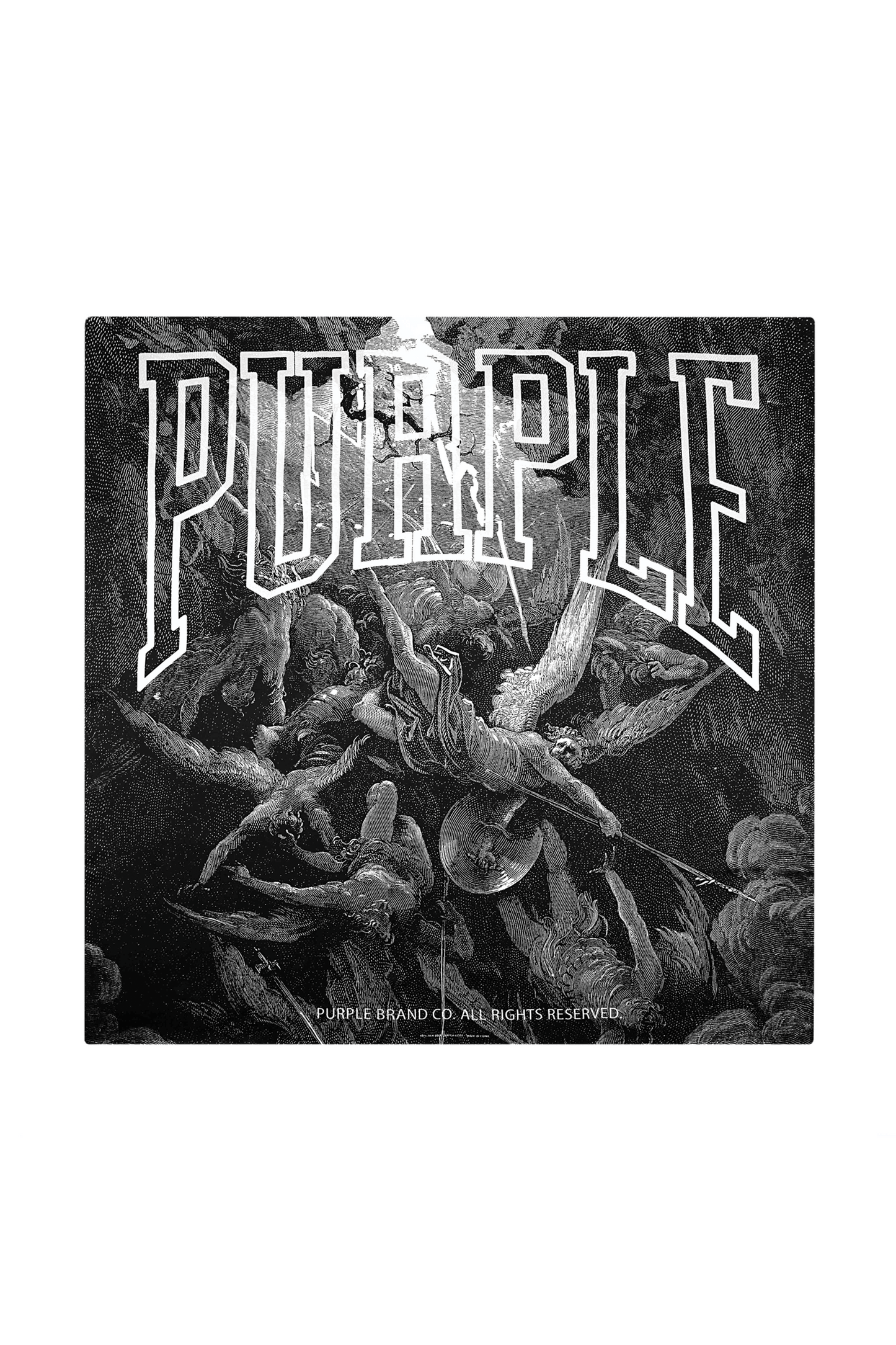 Purple Brand Silk Scarf with illustrated monochrome graphic and contrast logo lettering.