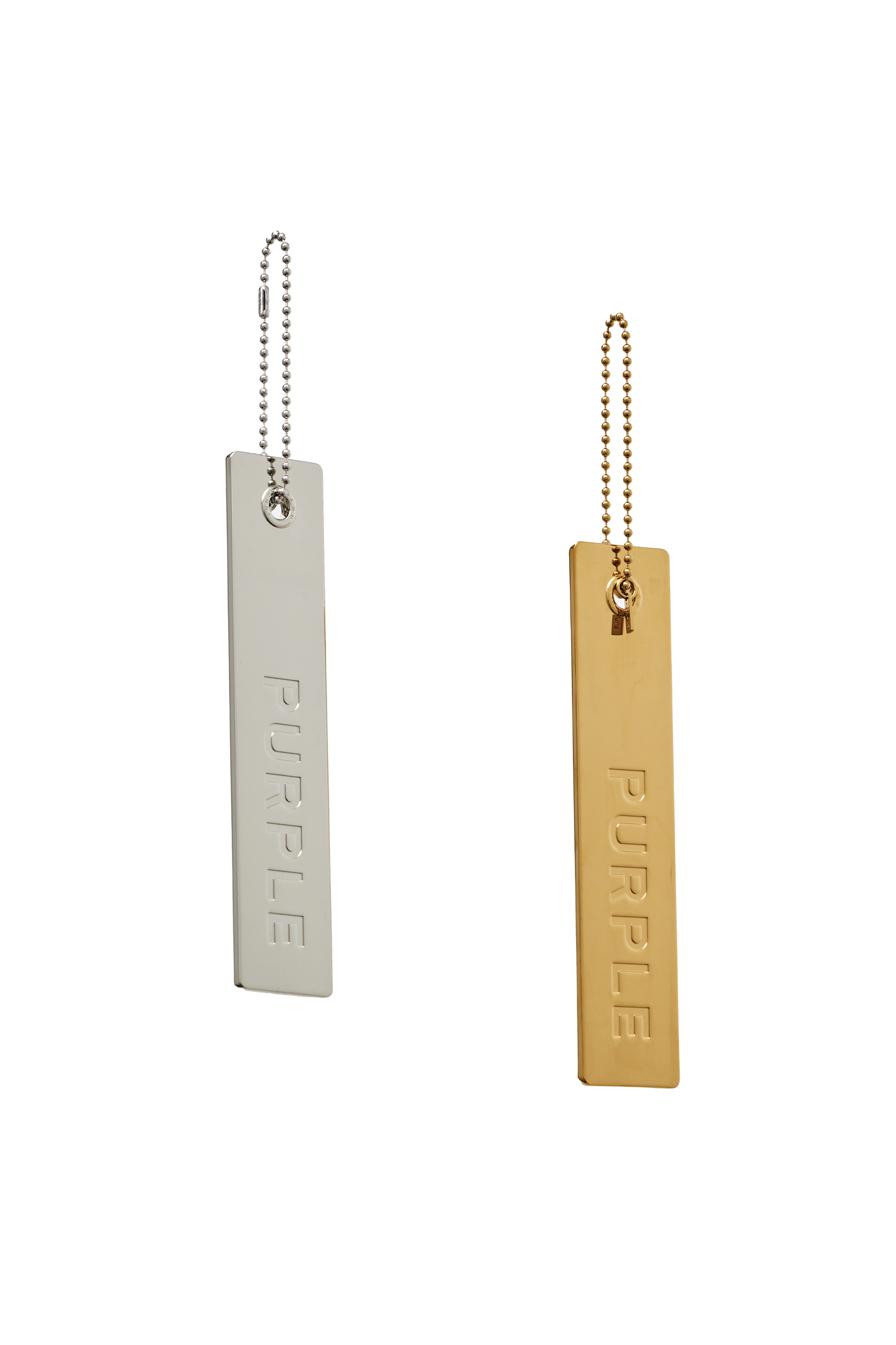 Metal Hang Tag in gold with Purple Brand logo, 7 x 1.5 inches, strung on bead-ball chain.
