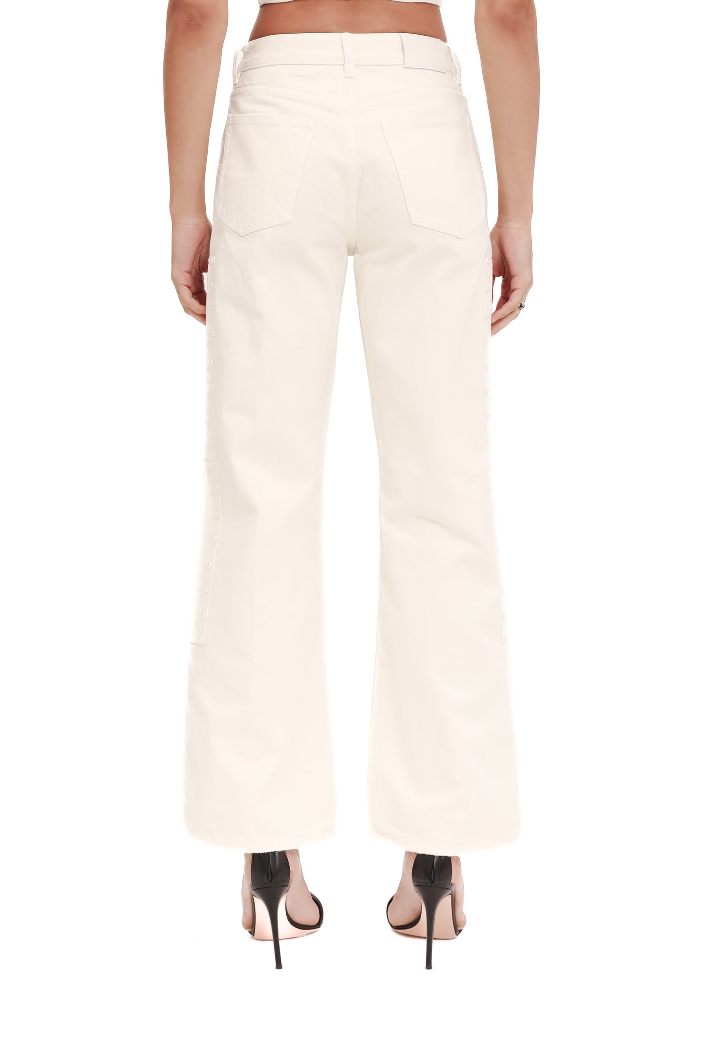 Carpenter Wide Pearl denim with wide leg design and pearl studs, available in sizes 24-34.