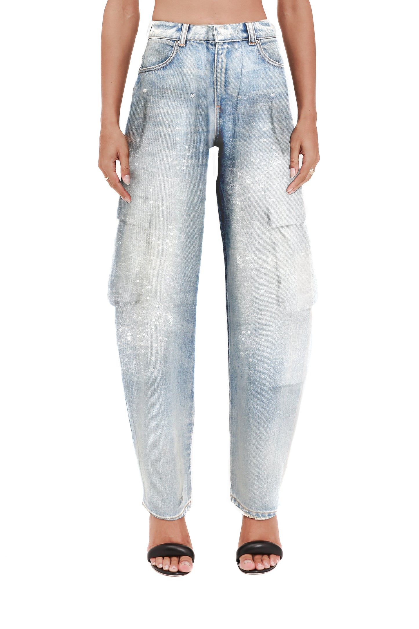 D2013-BLCI325 barrel fit pants with sequined lace carpenter panel and cargo pockets