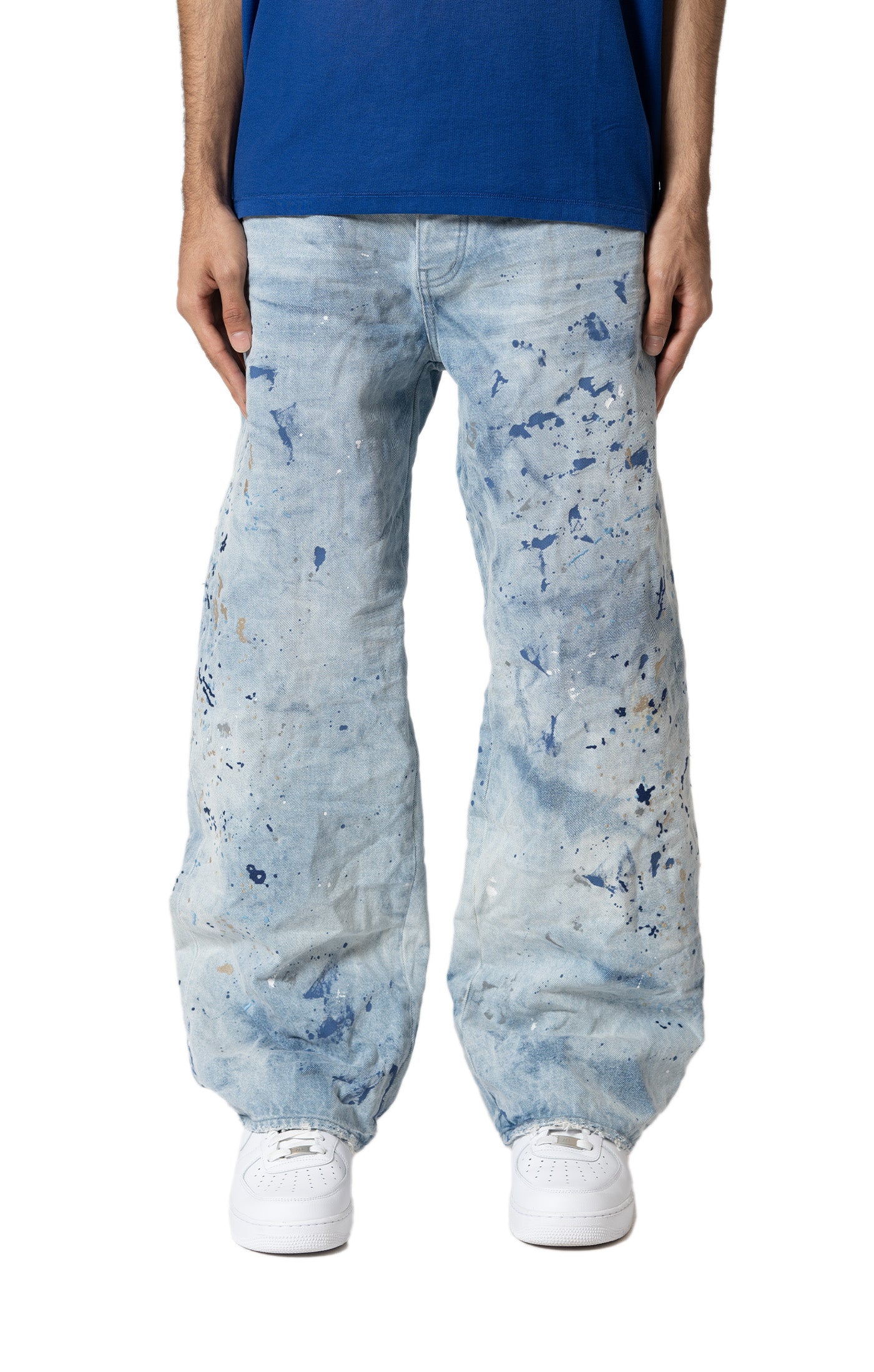 P018 Bleach Paint Embroidery 100% cotton baggy fit mid-rise pants with 5-pocket styling
